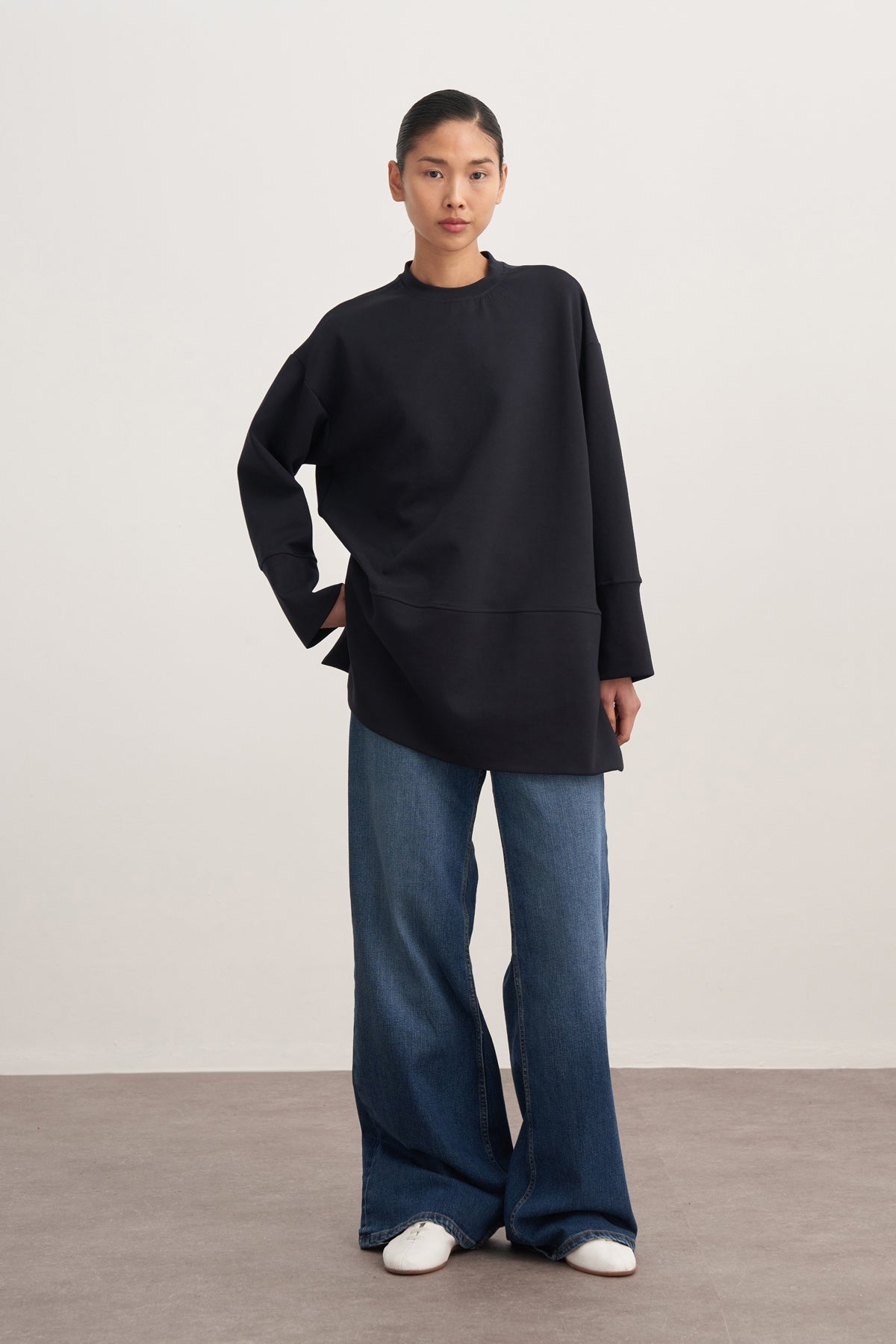 Kadın İnterlok Oversize Şal Aksesuarlı Sweat Lacivert