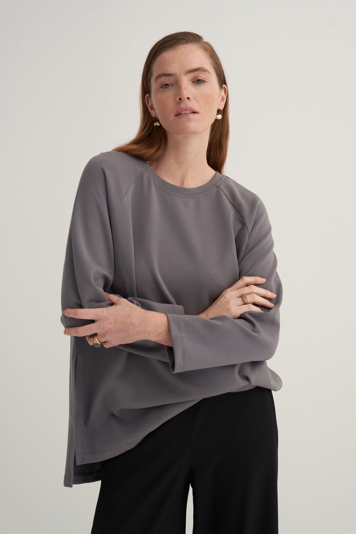 Kadın İnterlok Uzun Kollu Sweat Füme