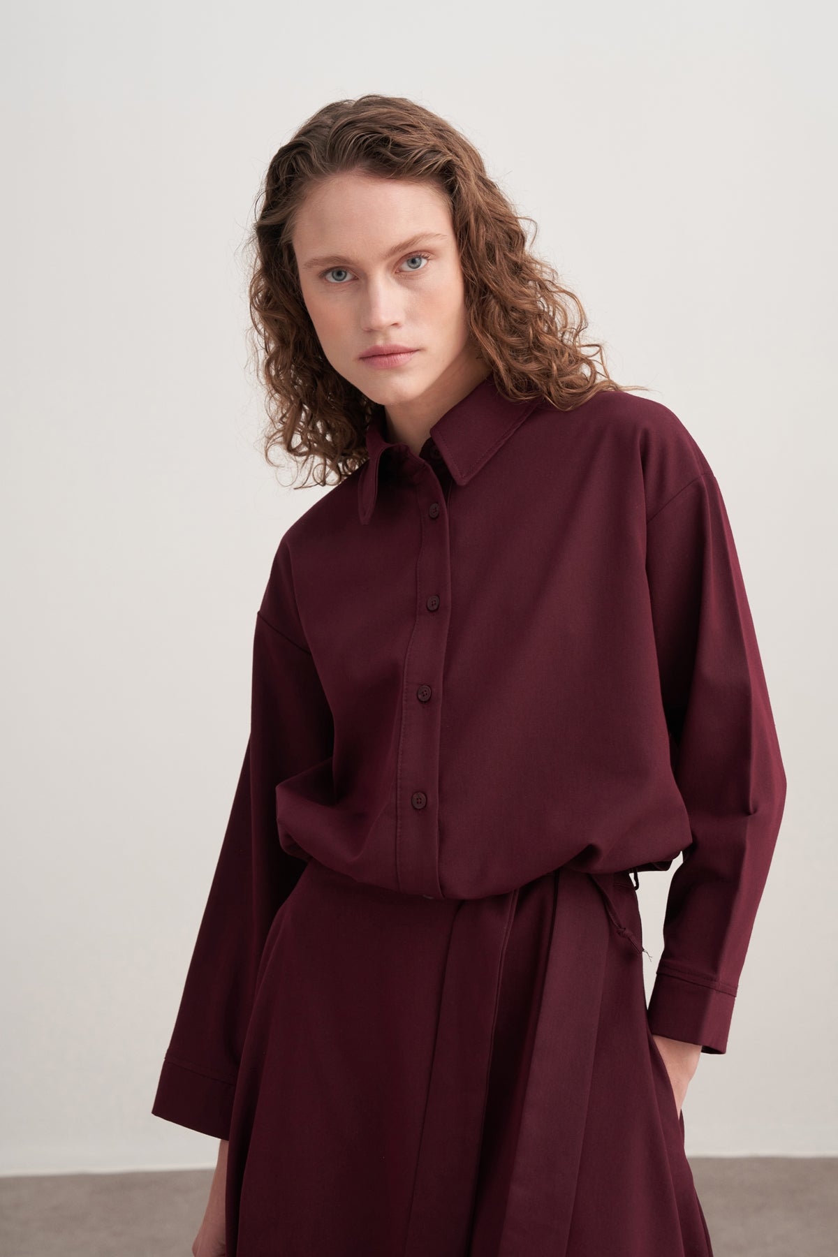 Kadın Gabardin Gömlekli Kloş Etek Takım Mürdüm