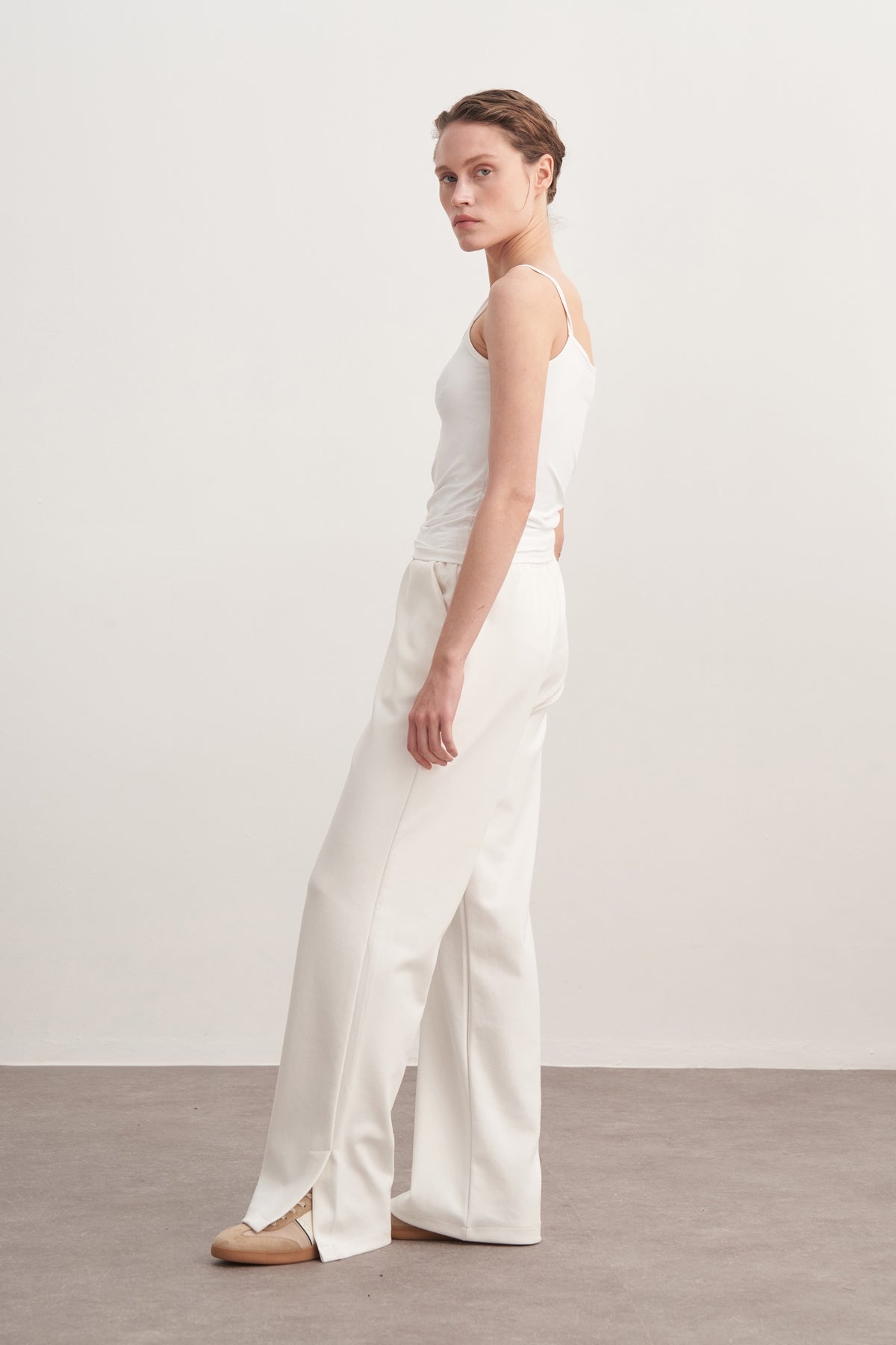 Kadın İnterlok Yandan Yırtmaçlı Palazzo Pantolon Ekru