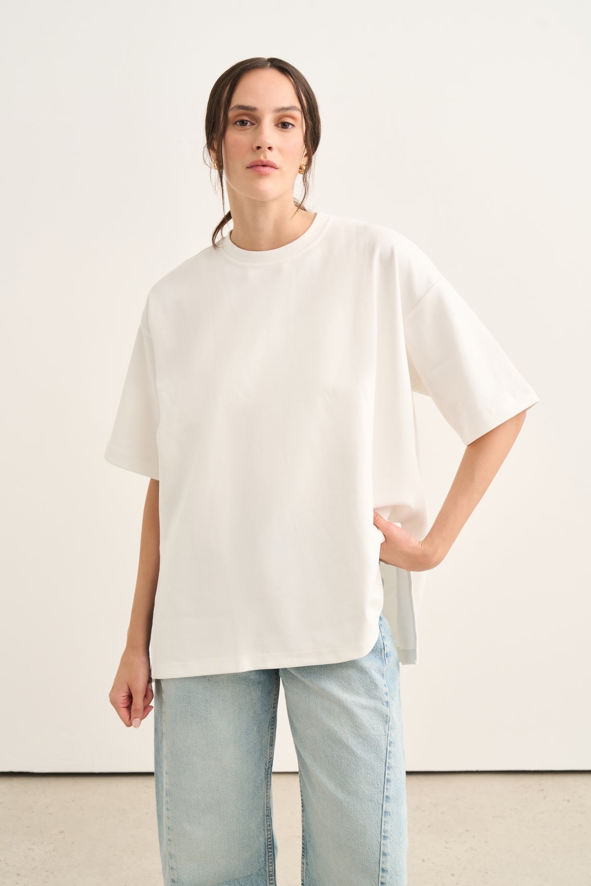 Kadın İnterlok Kısa Kol Oversize Tişört Ekru