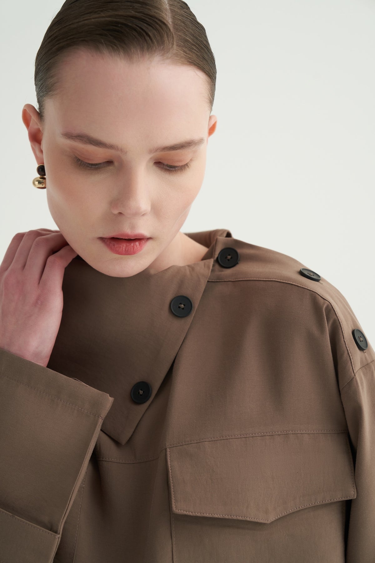 Kadın Modal Düğmeli Bluz Vizon