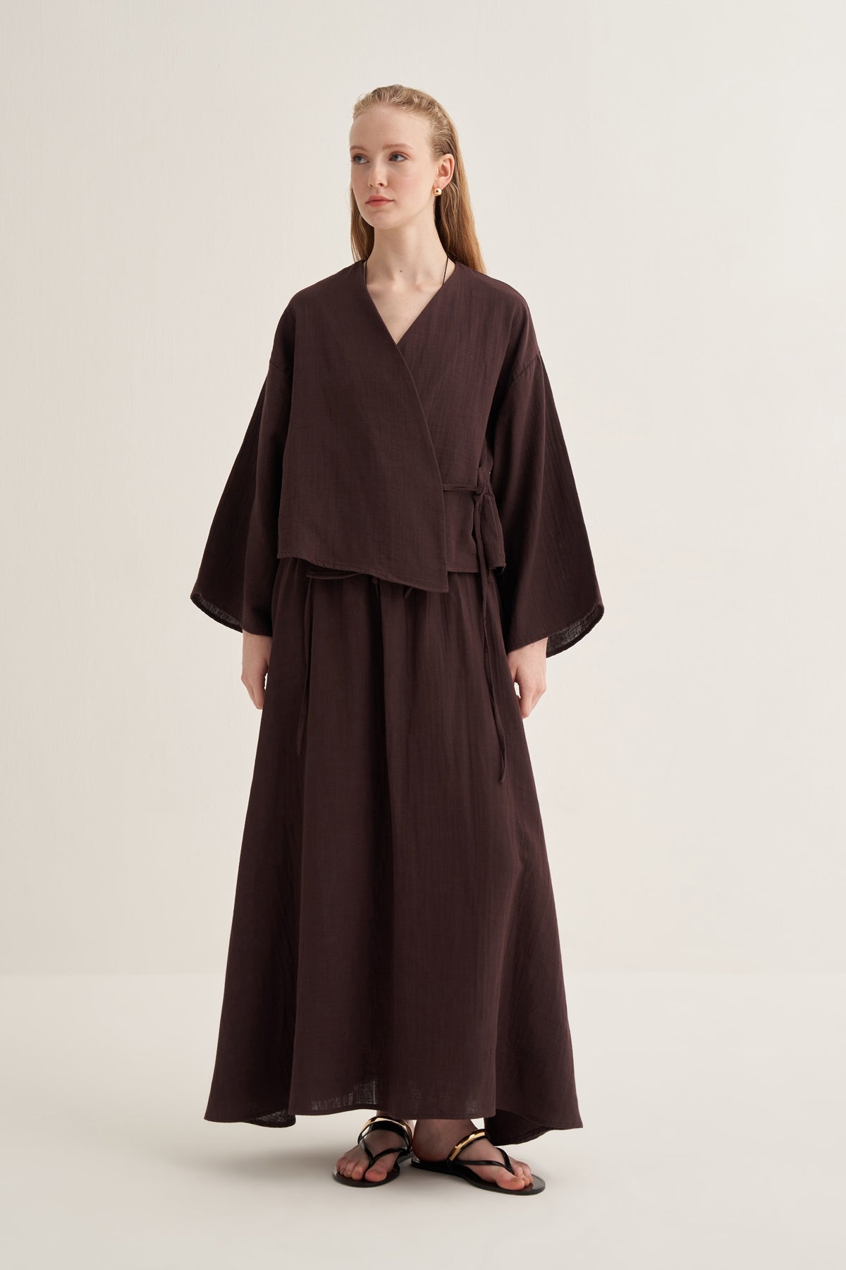 Kadın Müslin Kimono Etek Takım Acı Kahve