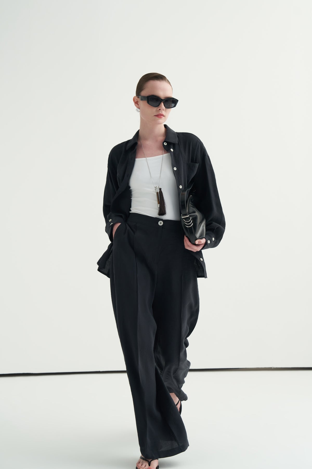 Kadın Modal Oversize Gömlek Pantolon Takım Siyah