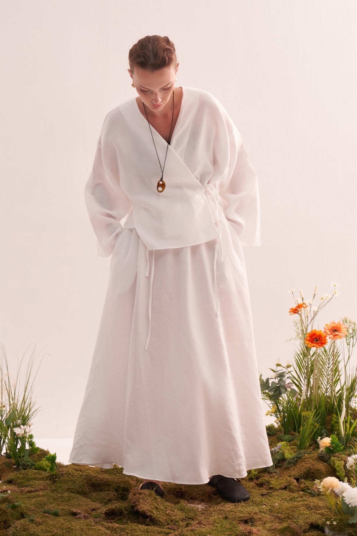 Kadın Müslin Kimono Etek Takım Ekru