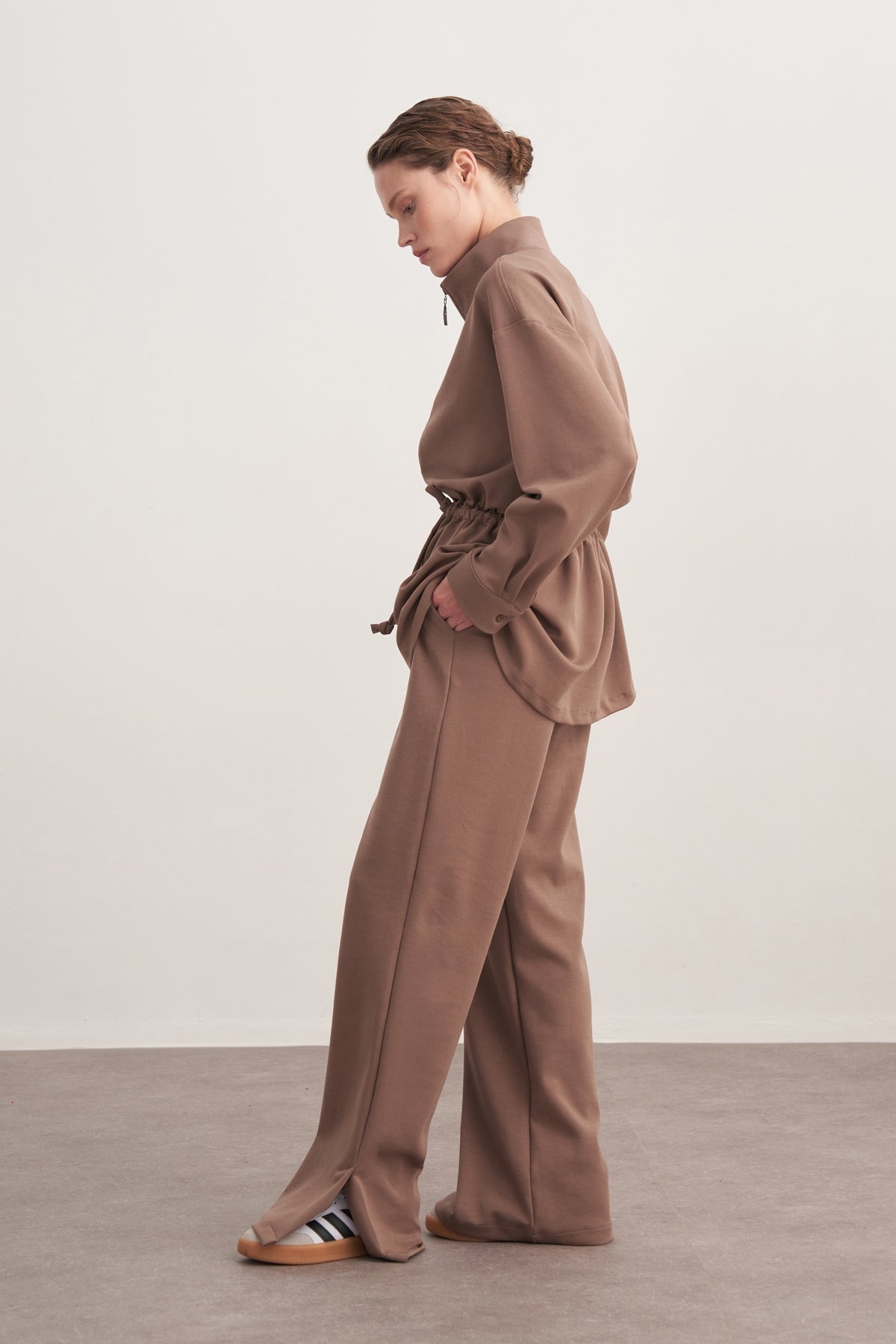 Kadın İnterlok Oversize Spor Ceket Takım Kahve