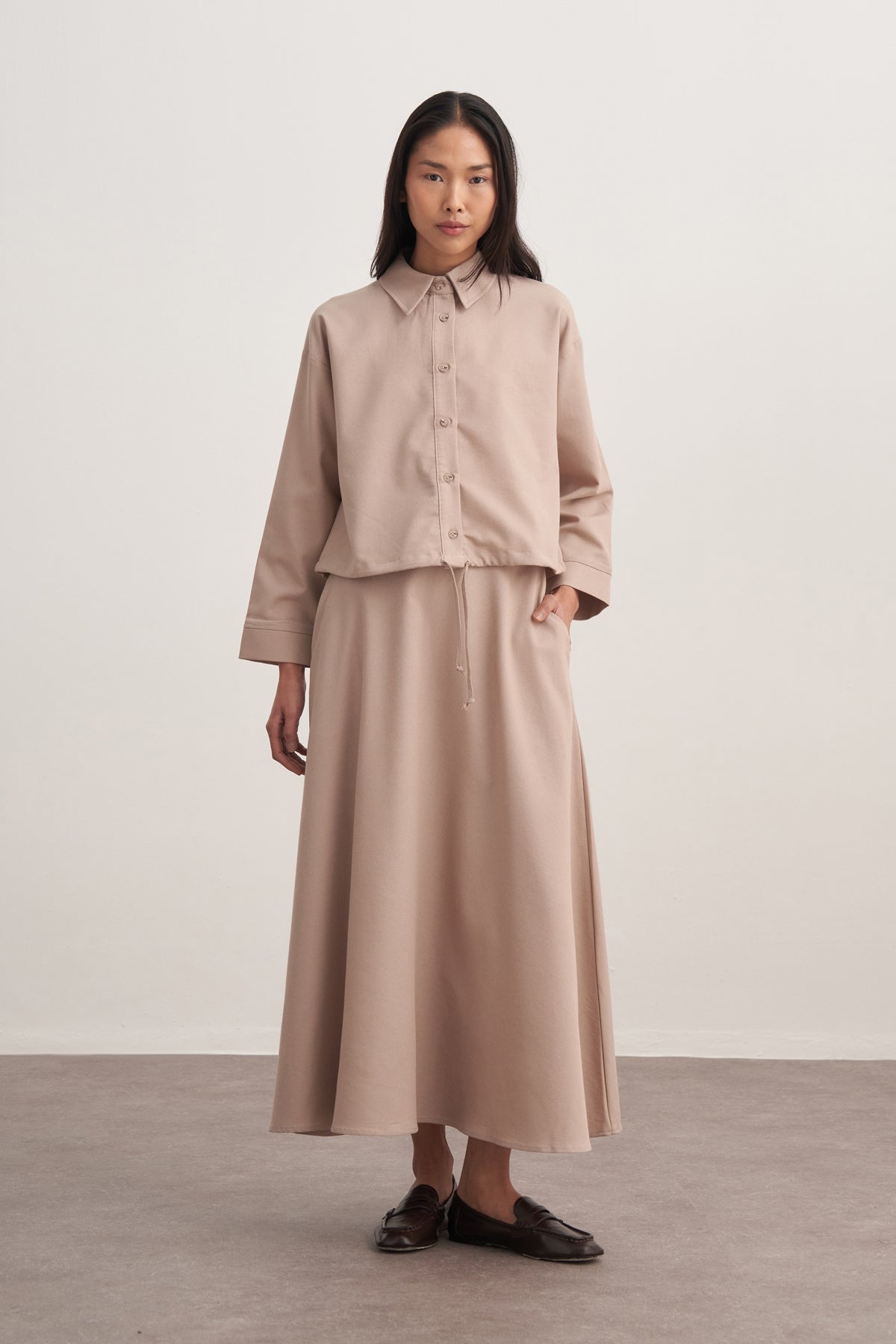 Kadın Gabardin Gömlekli Kloş Etek Takım Bej