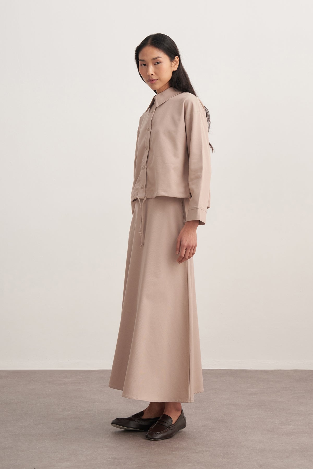 Kadın Gabardin Gömlekli Kloş Etek Takım Bej