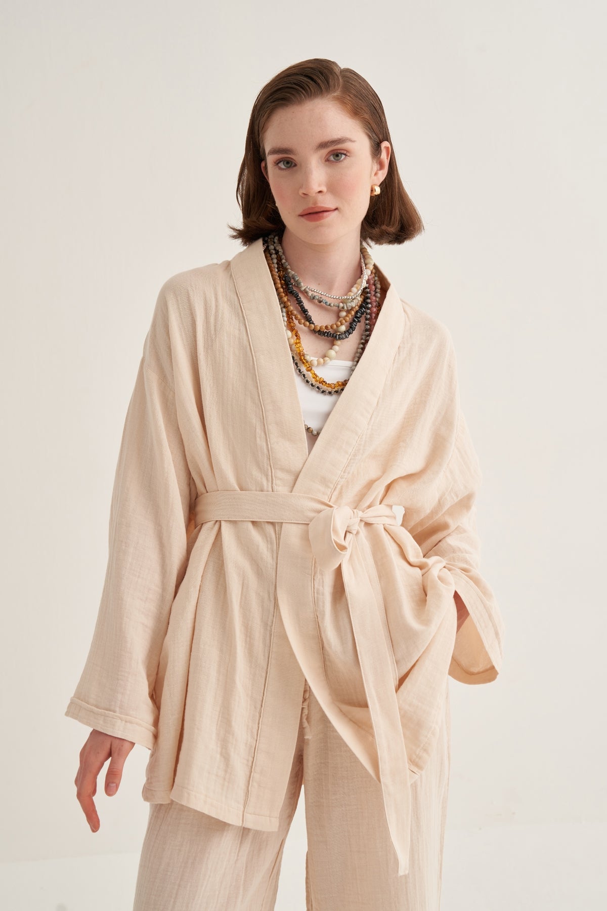 Kadın Müslin Kimono Takım Bej