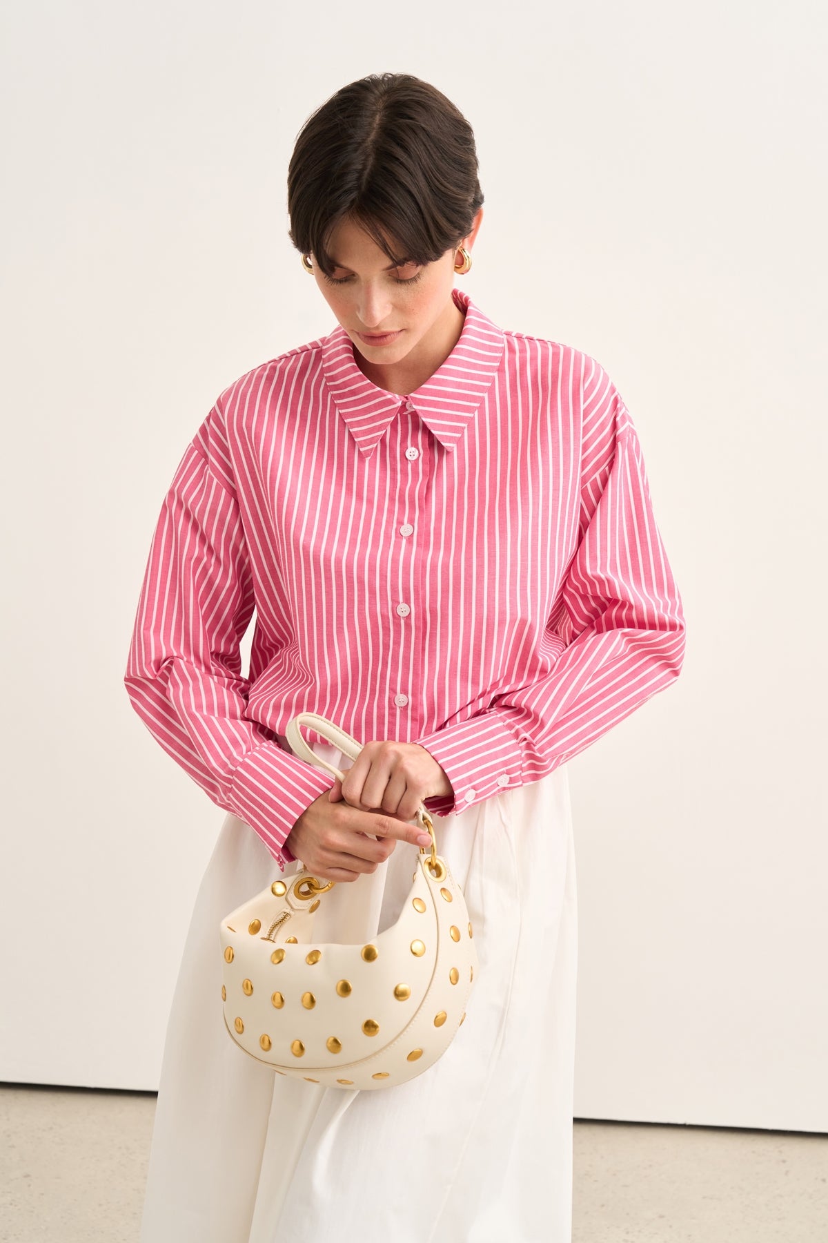 Kadın Poplin Oversize Kısa Gömlek Koyu Pembe Çizgili