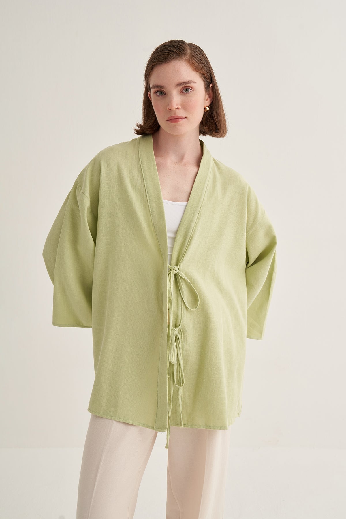 Kadın Organik Pamuklu Oversize Kimono Açık Yeşil