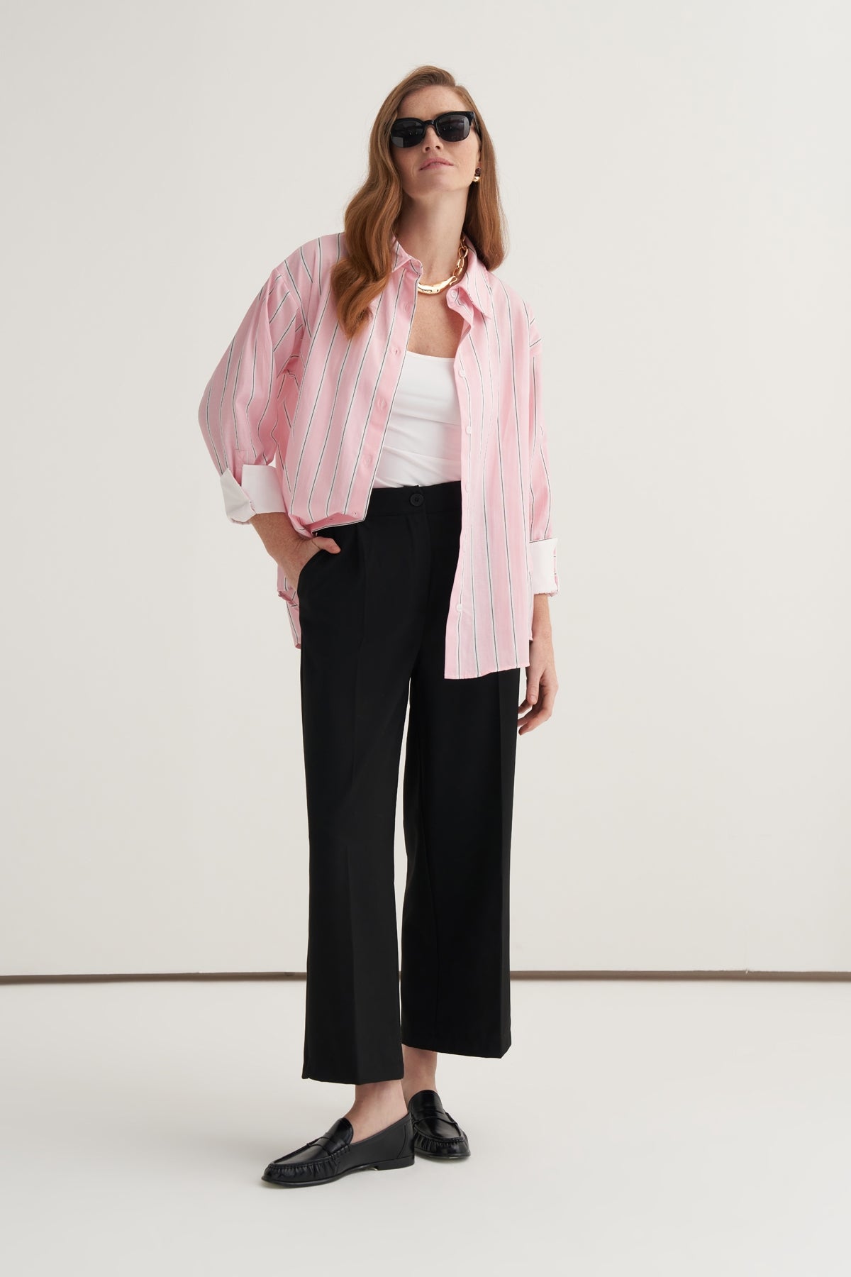 Kadın Poplin Kontrast Manşetli Gömlek Pembe Çizgili