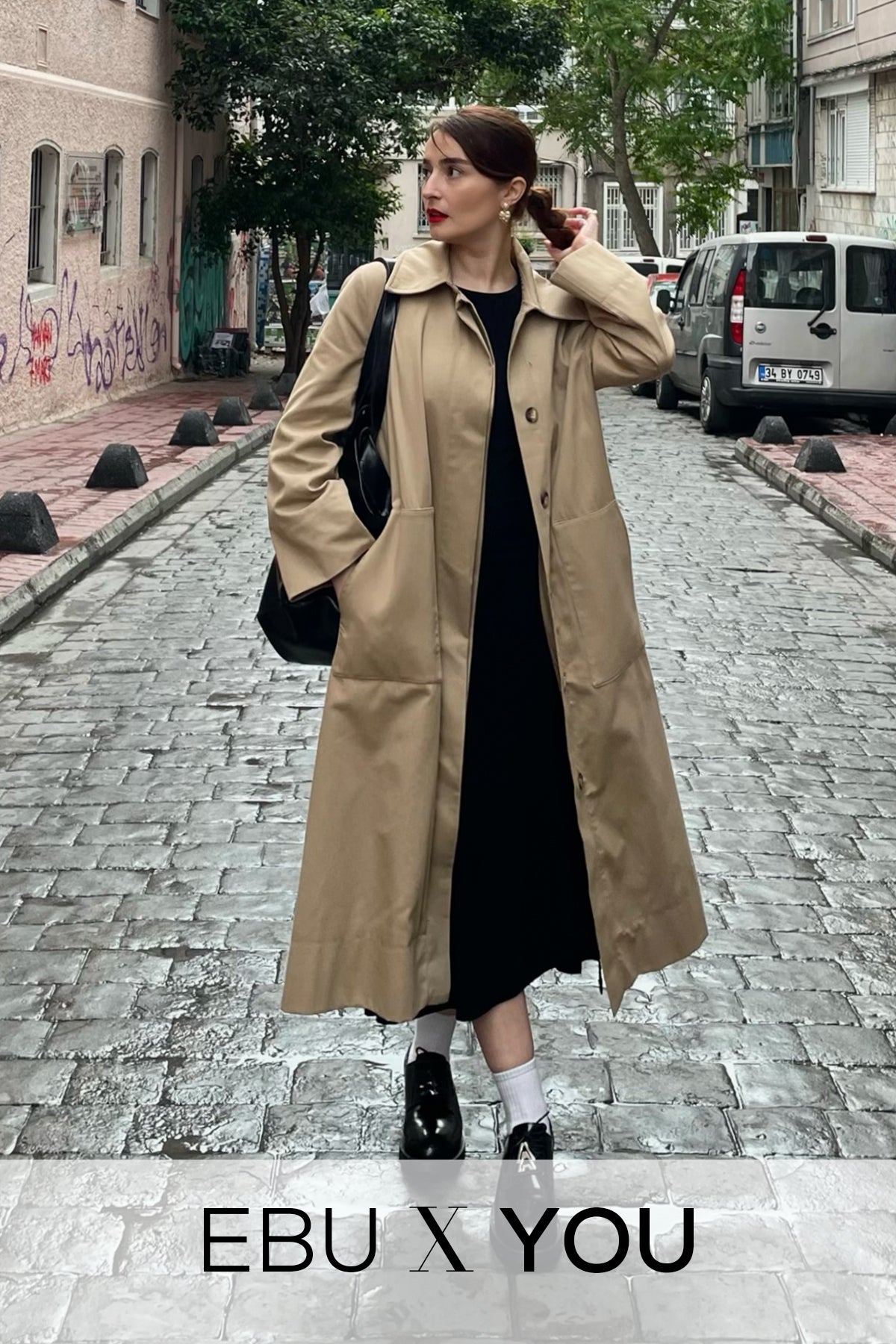 Kadın Oversize  Düz Kapama Trençkot Camel