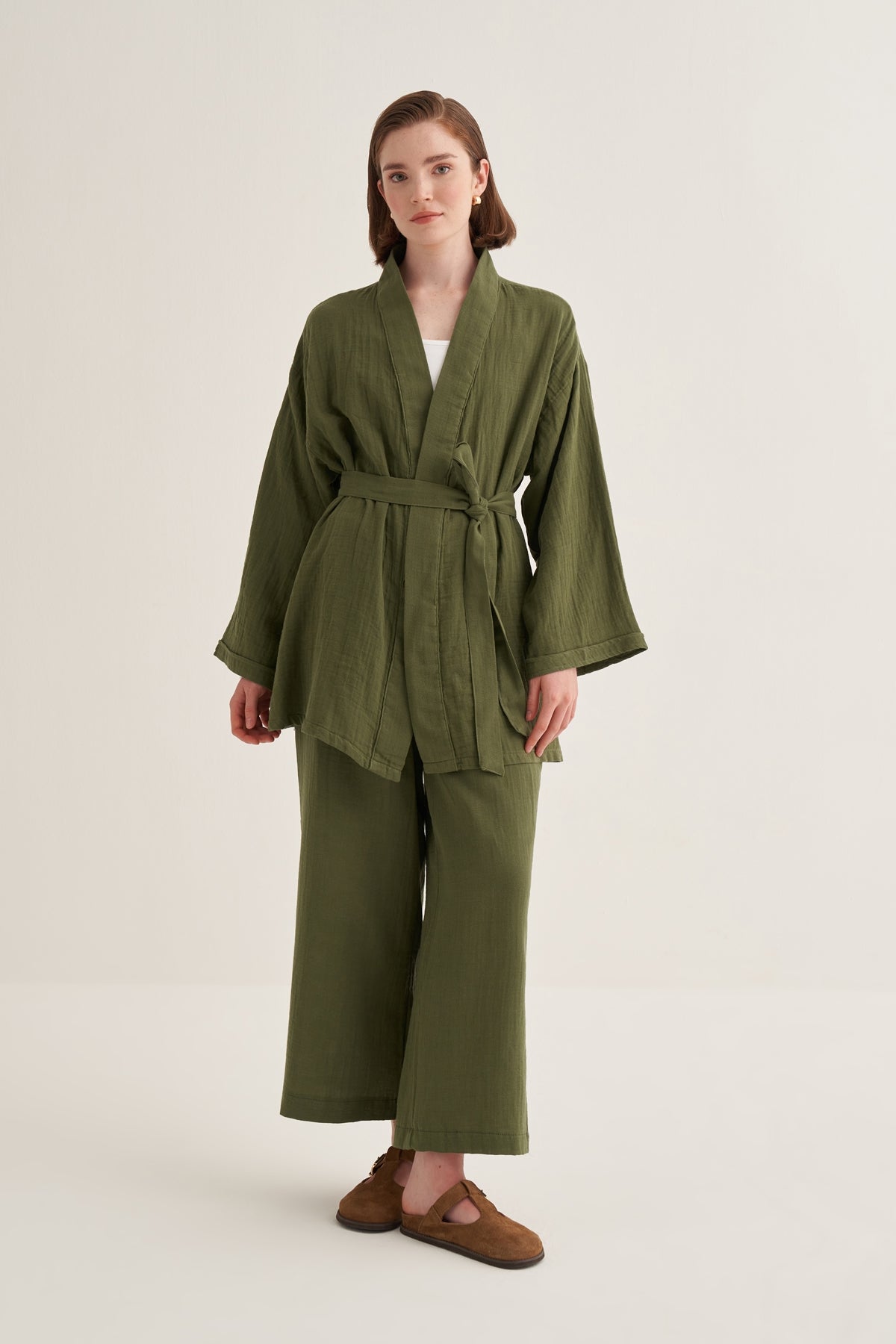 Kadın Müslin Kimono Takım Haki