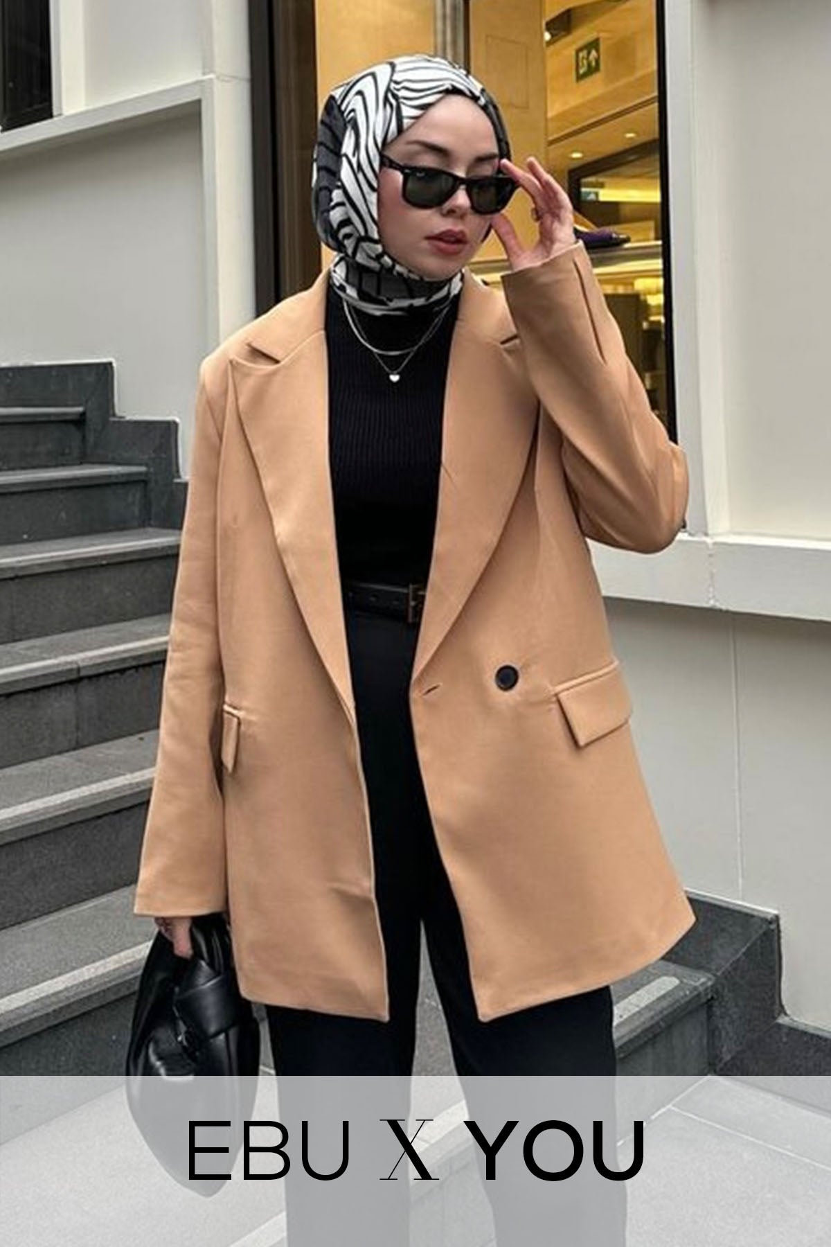 Kadın Oversize Düğme Kapamalı Kruvaze Blazer Ceket Camel