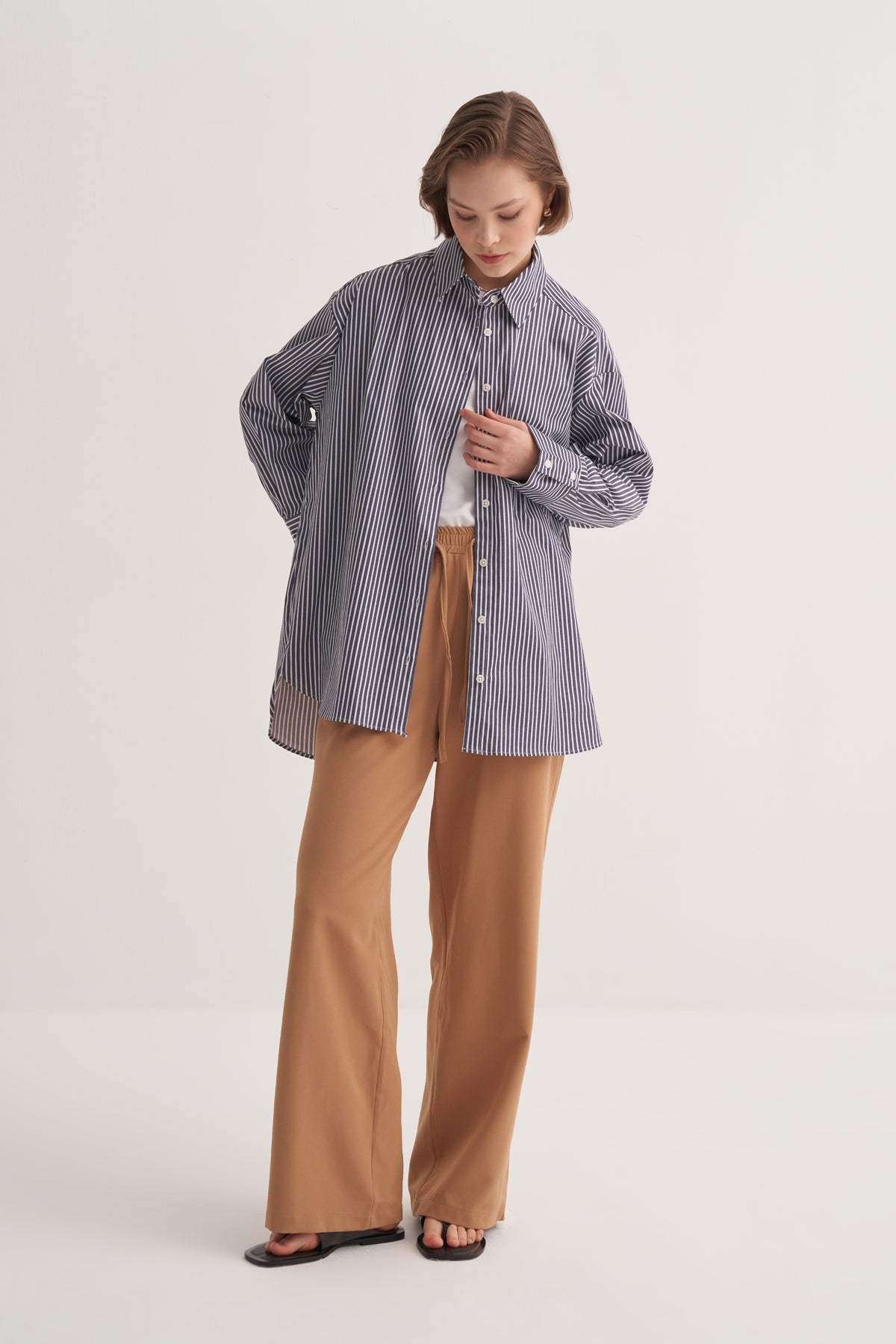 Kadın Poplin Oversize Robalı Gömlek Çizgili Koyu Lacivert
