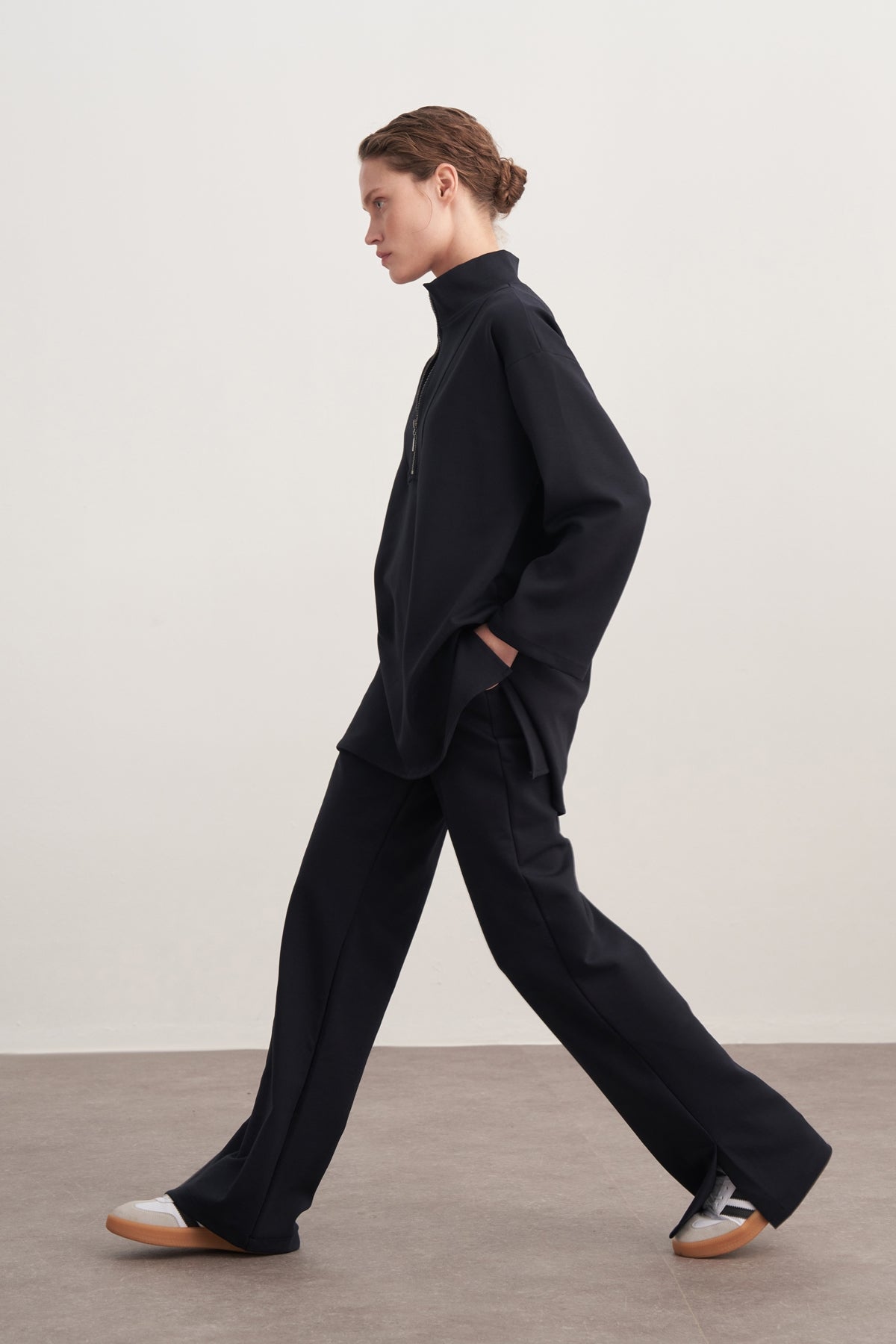 Kadın İnterlok Yandan Yırtmaçlı Palazzo Pantolon Lacivert