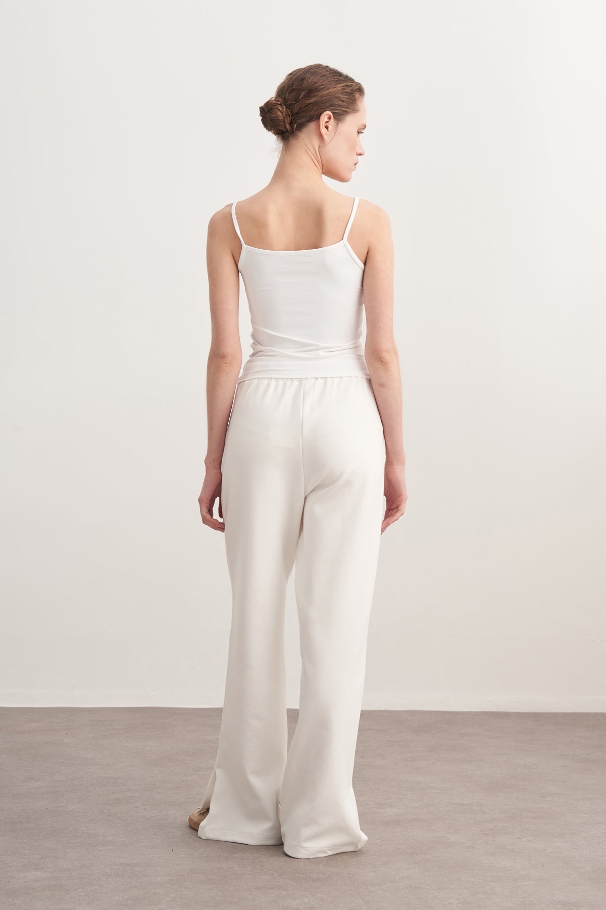 Kadın İnterlok Yandan Yırtmaçlı Palazzo Pantolon Ekru