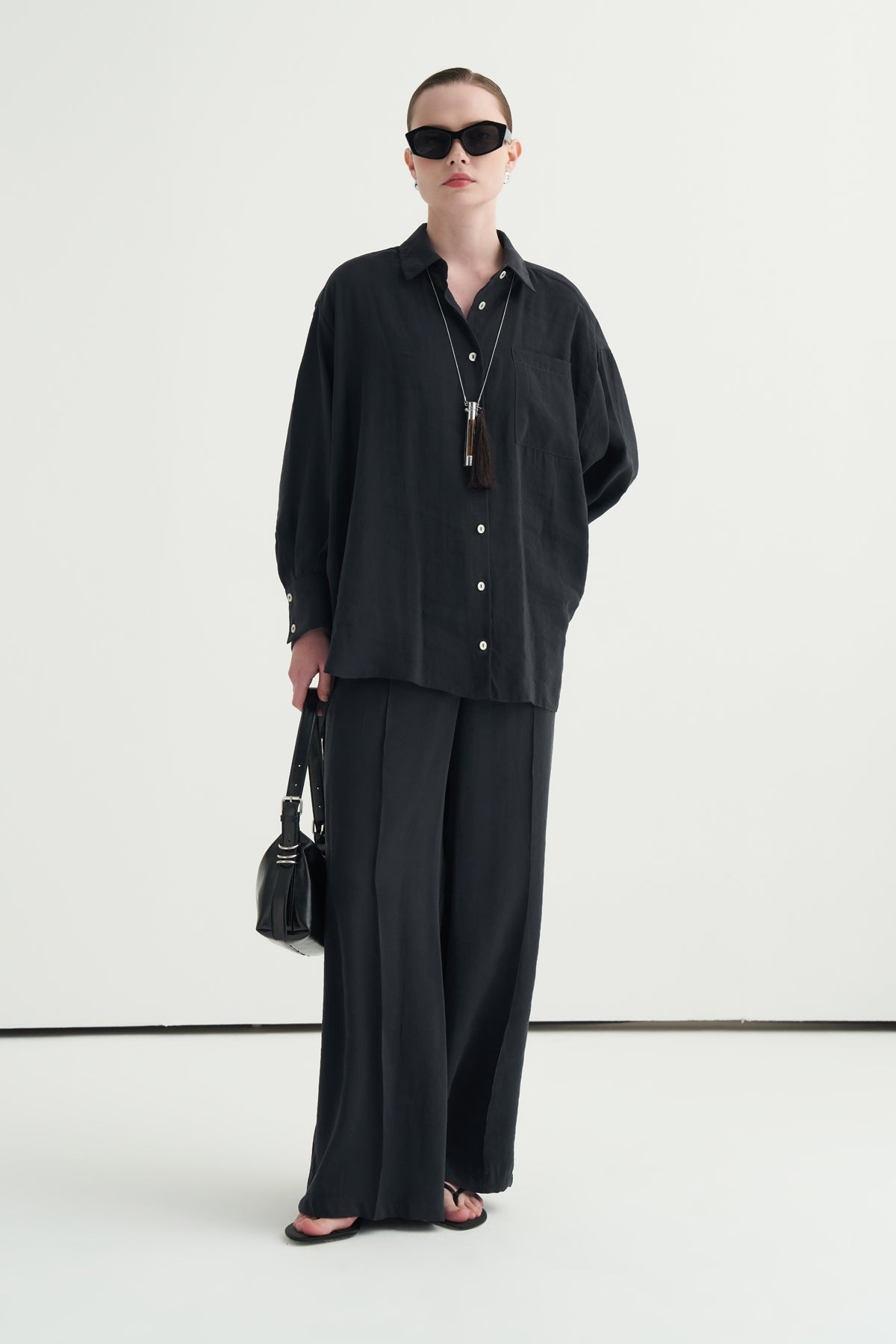 Kadın Modal Oversize Gömlek Pantolon Takım Siyah
