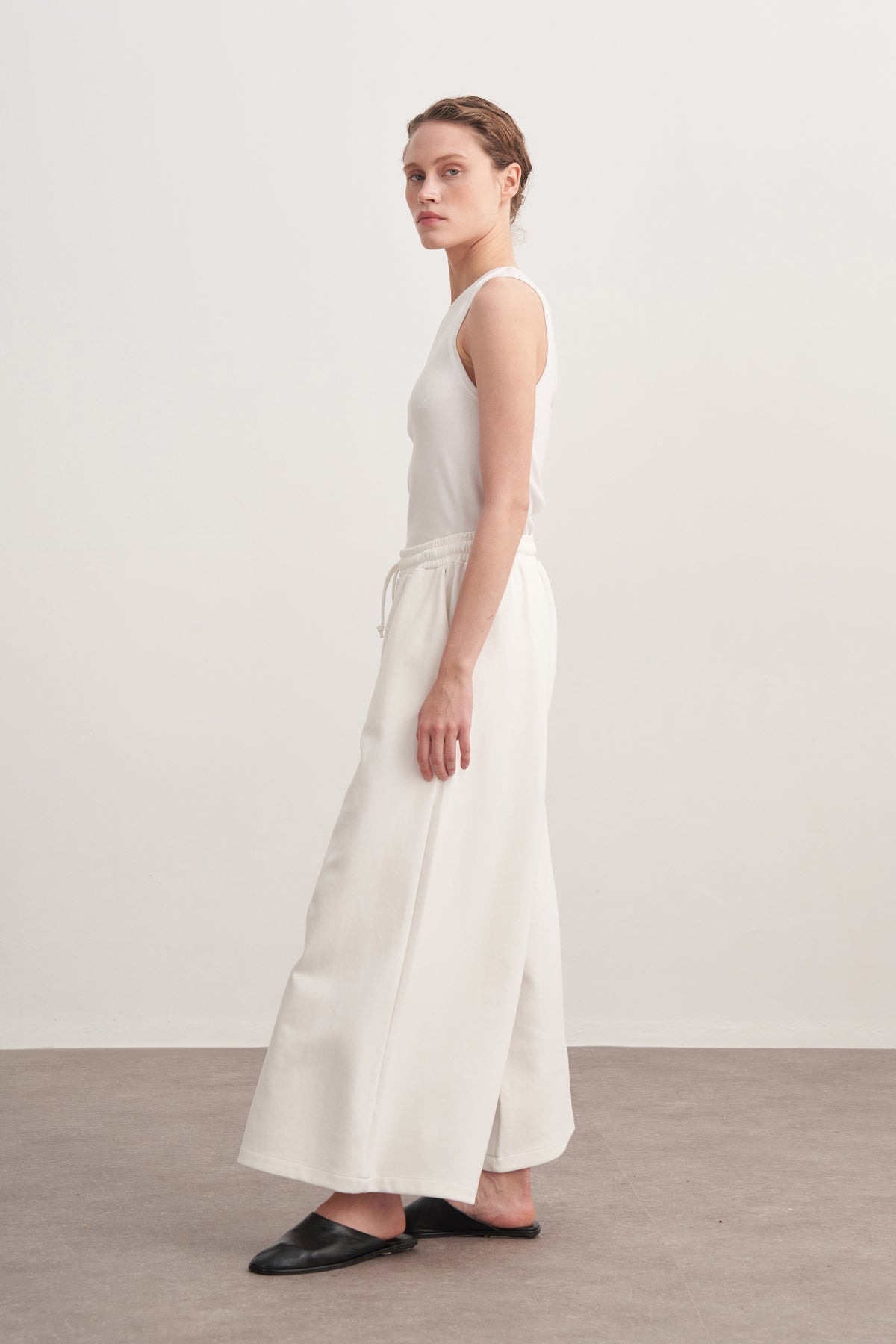 Kadın İnterlok Bol Paçalı Pantolon Ekru