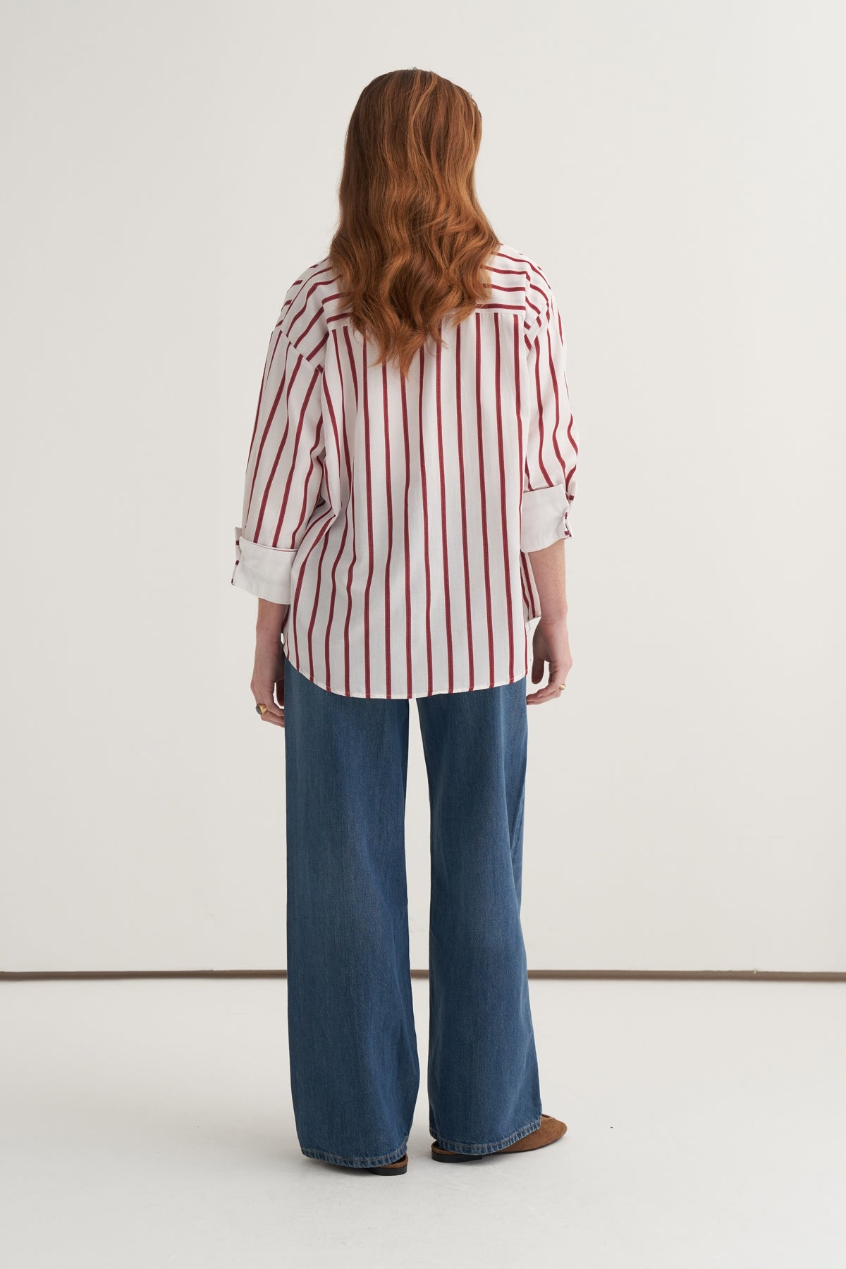 Kadın Poplin Kontrast Manşetli Gömlek Bordo Çizgili