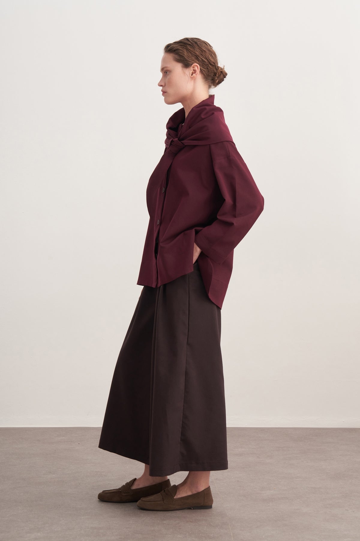 Kadın Gabardin Şal Aksesuarlı Gömlek Ceket Mürdüm