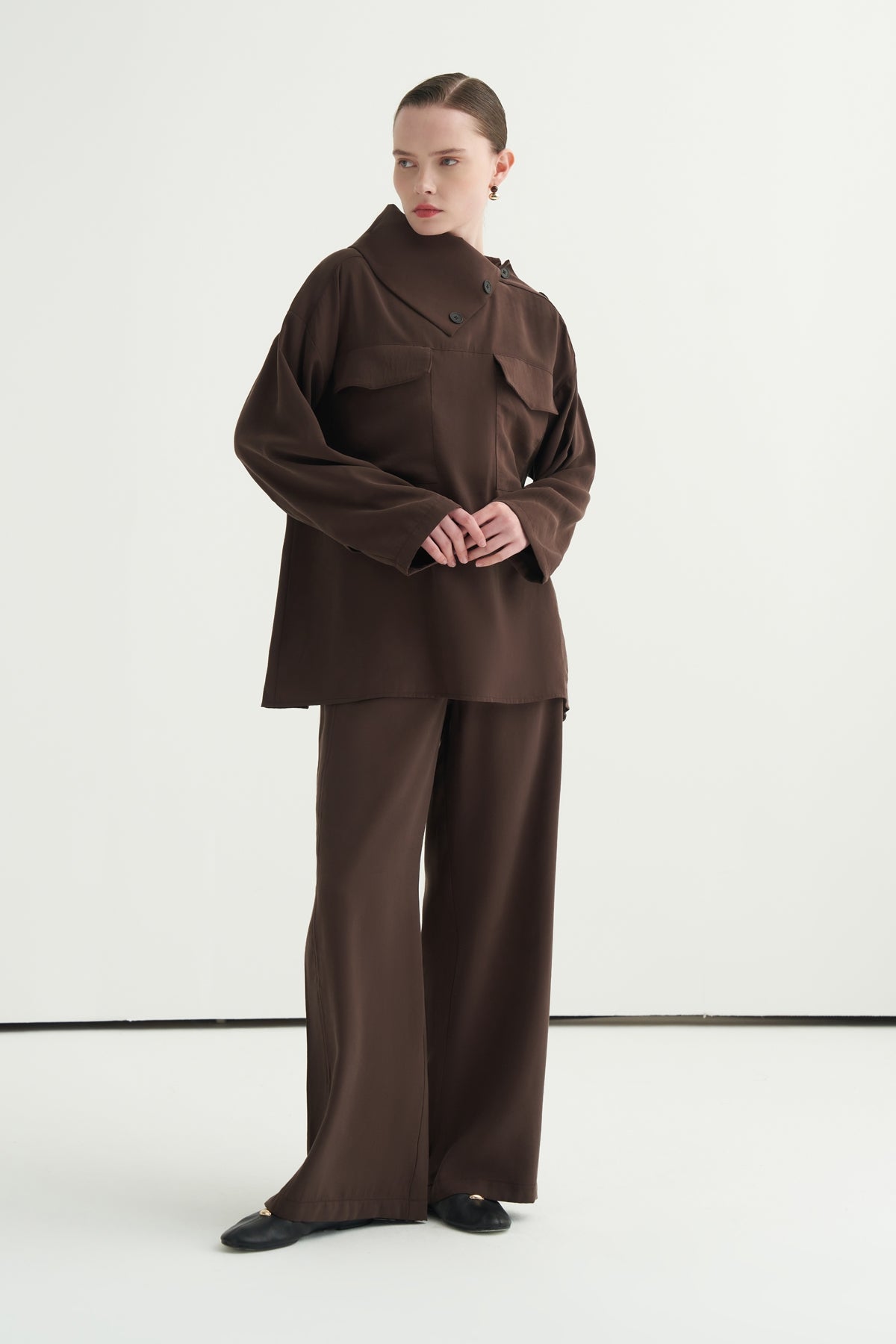 Kadın Modal Düğmeli Bluz Kahve