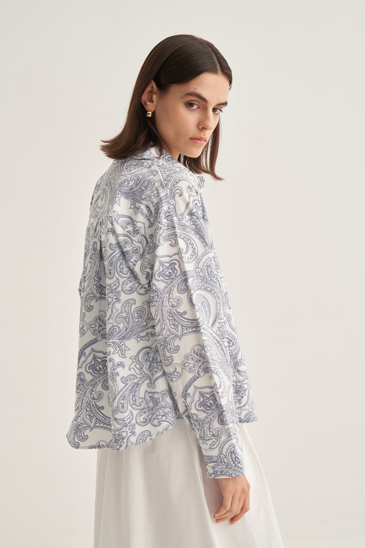 Kadın Poplin Oversize Kısa Gömlek Paisley Desen Lacivert