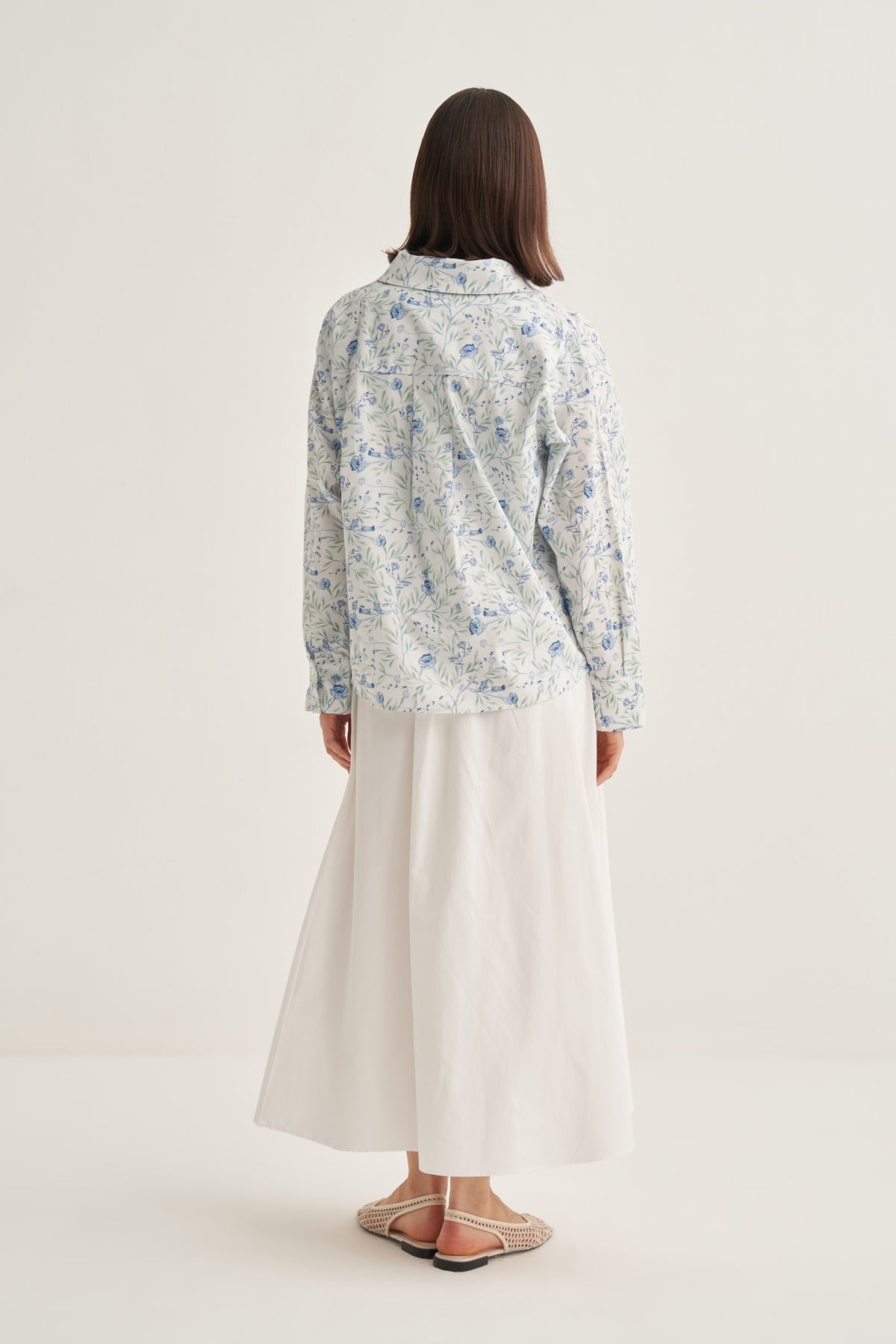 Kadın Poplin Oversize Kısa Gömlek Aster Desen Ekru