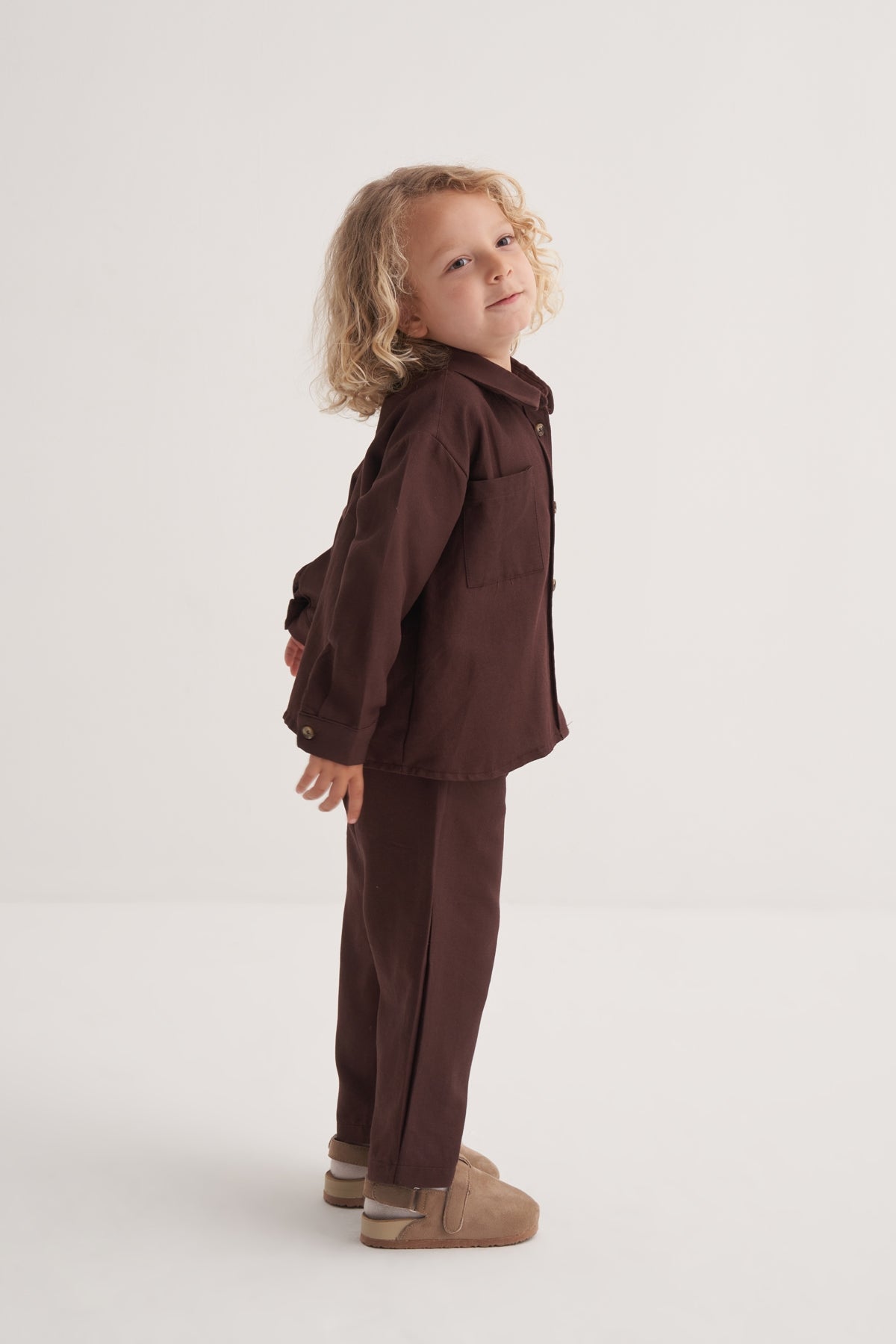Unisex Çocuk Dökümlü Pamuklu Düğmeli Pantolon Acı Kahve