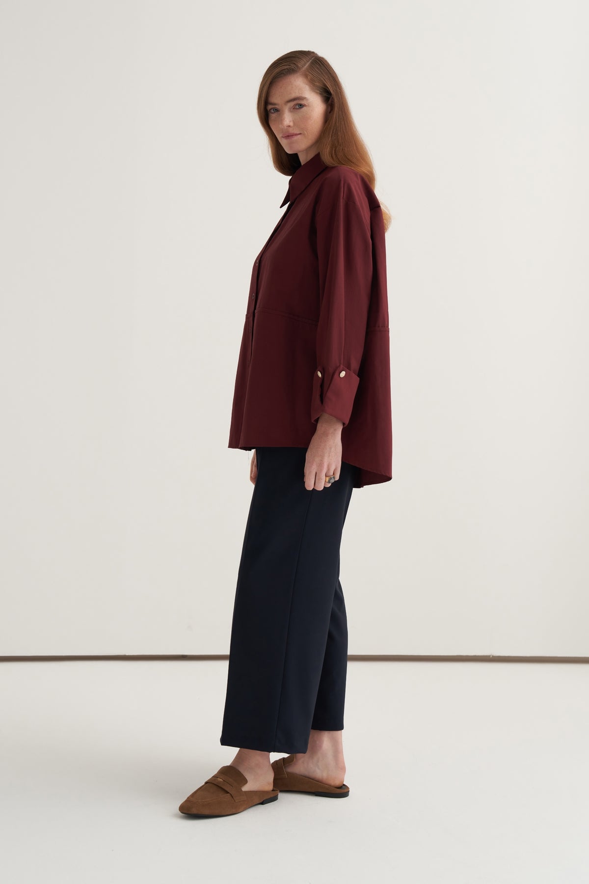 Kadın Oversize Kol Düğmeli Gömlek Bordo