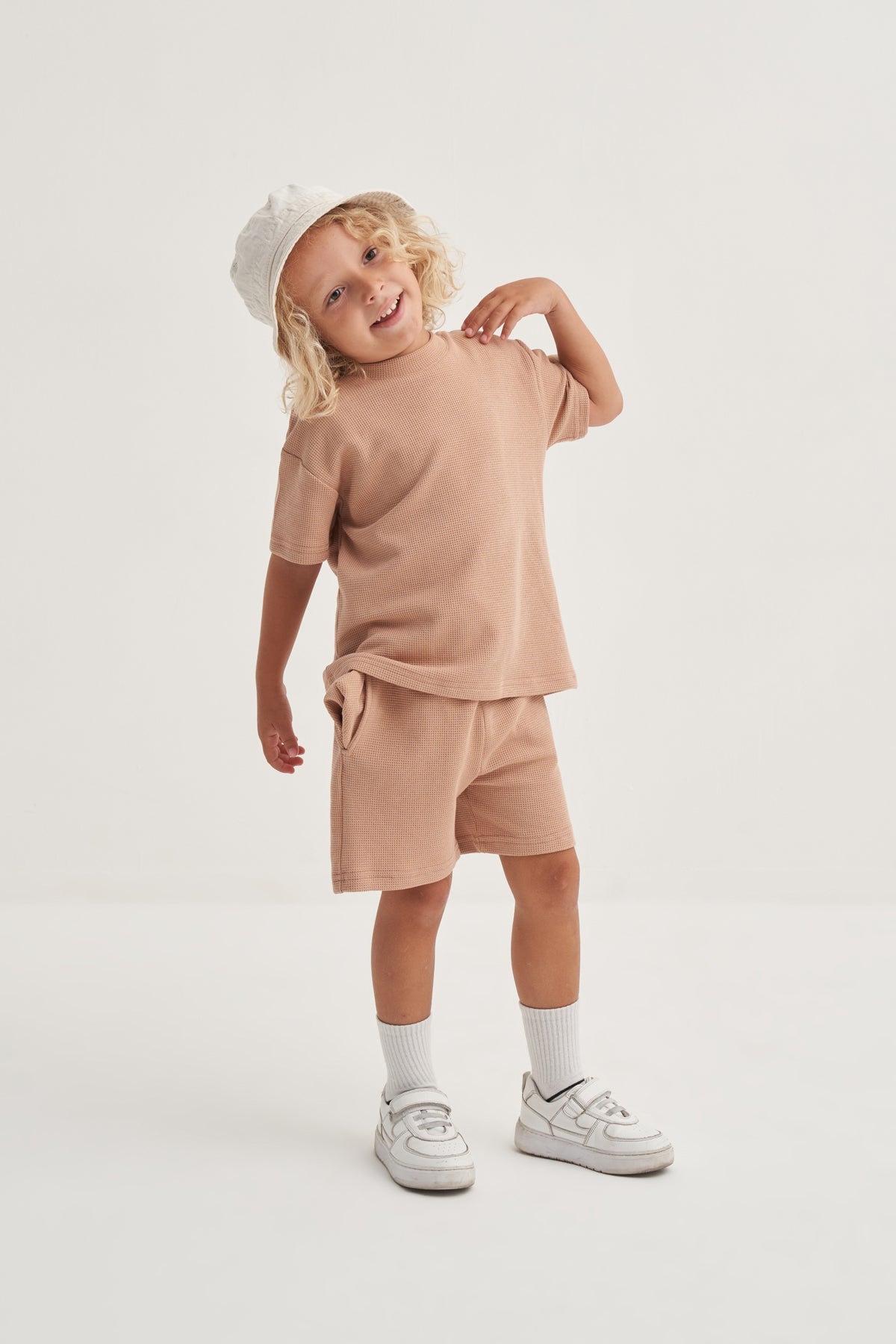 Unisex Çocuk Örme Waffle Takım Vizon