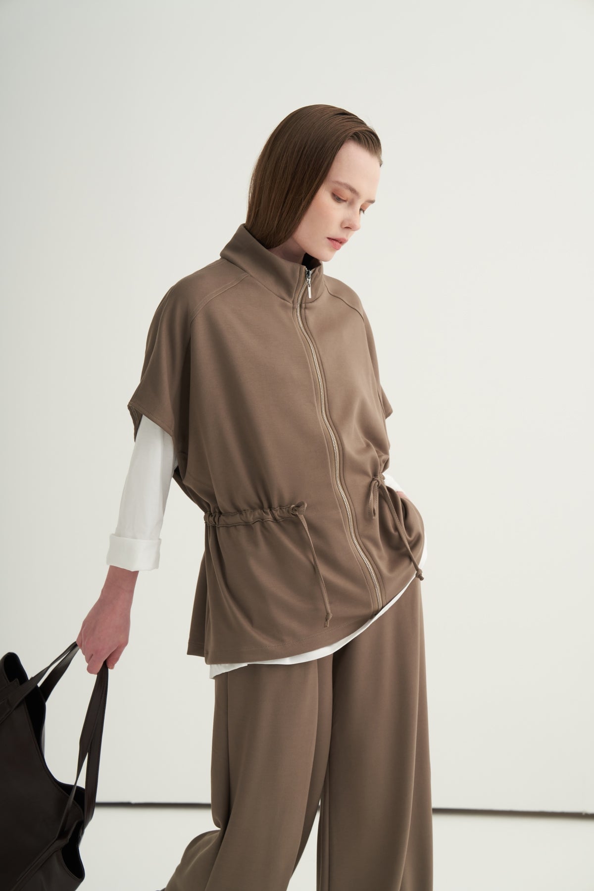 Kadın Oversize Yelek Bol Paça Pantolon Takım Vizon