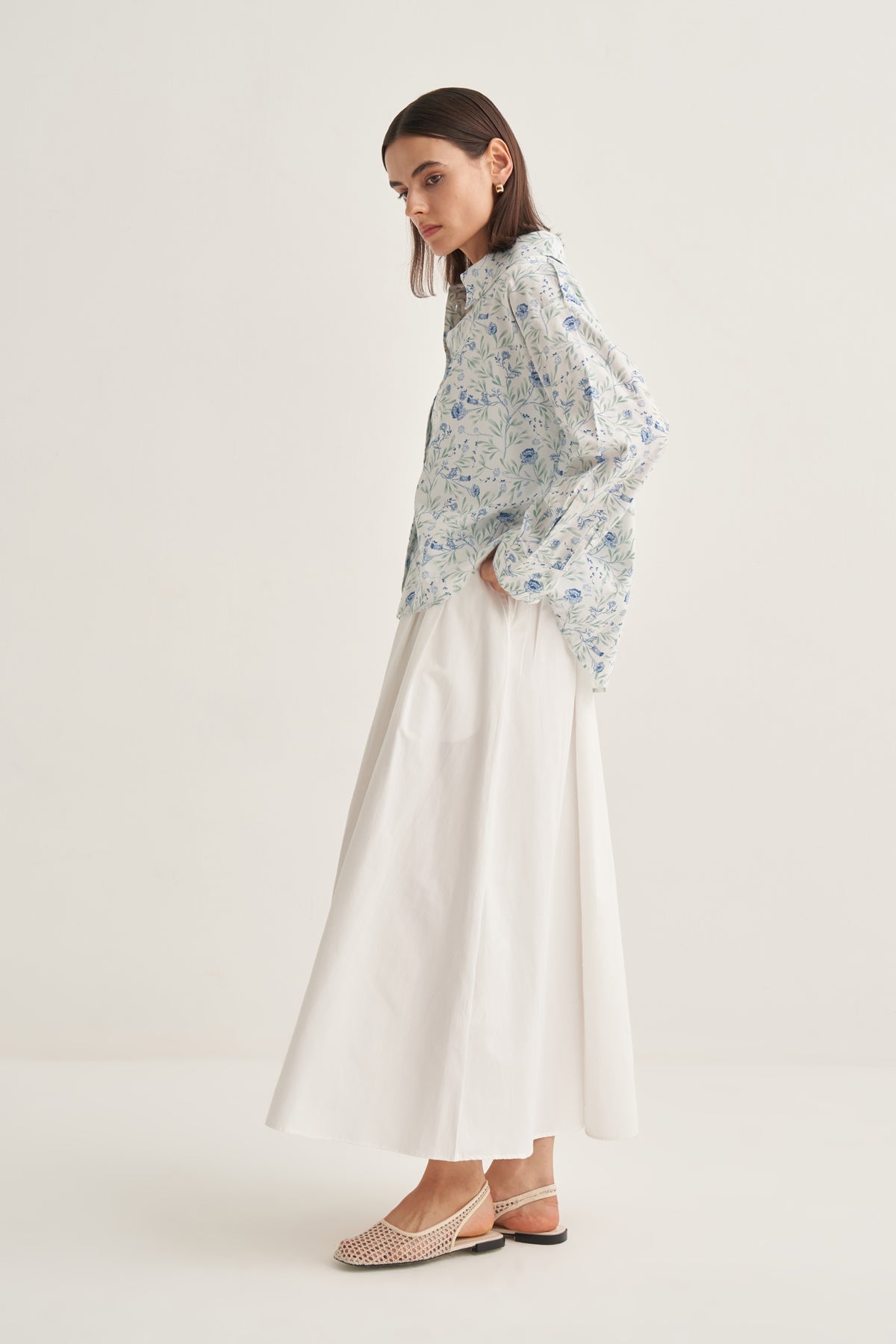 Kadın Poplin Oversize Kısa Gömlek Aster Desen Ekru