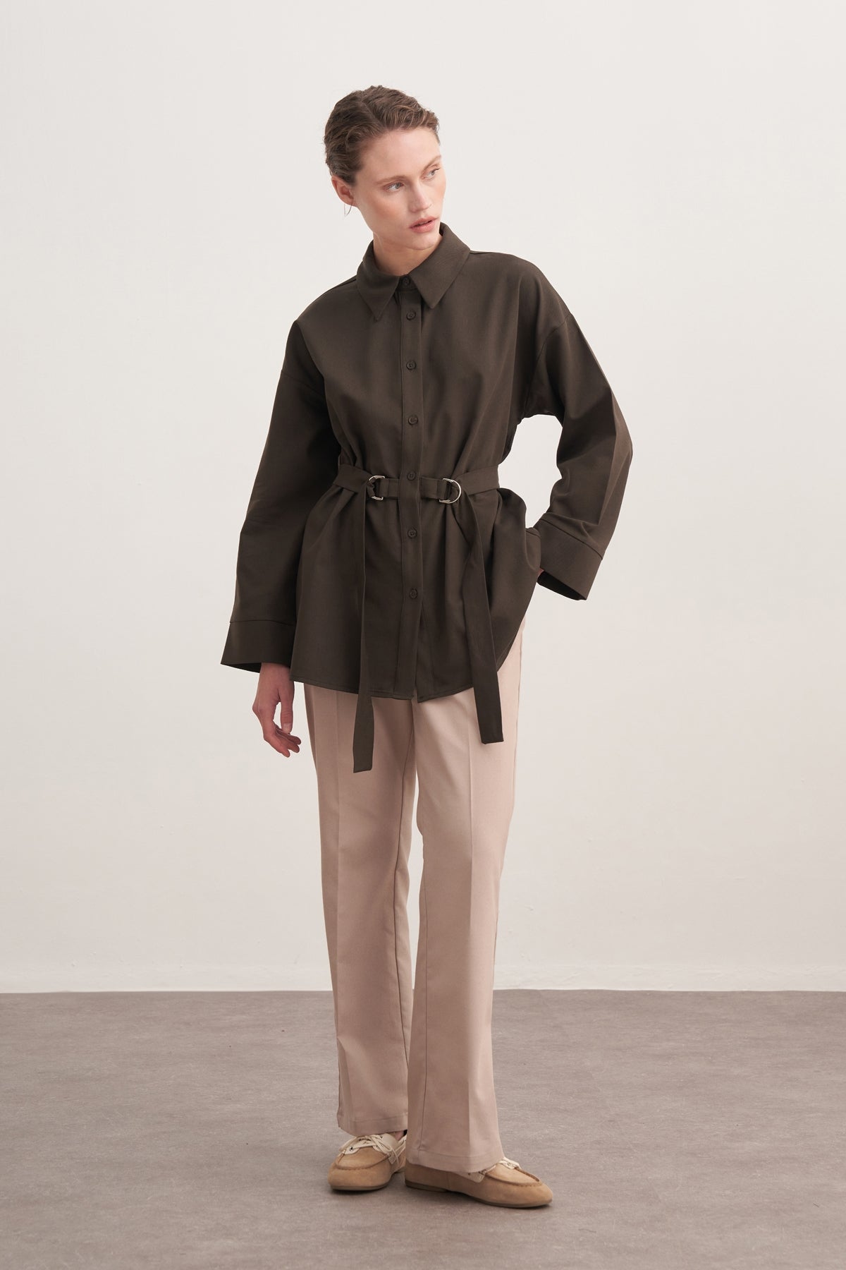 Kadın Gabardin Kemerli Gömlek Haki