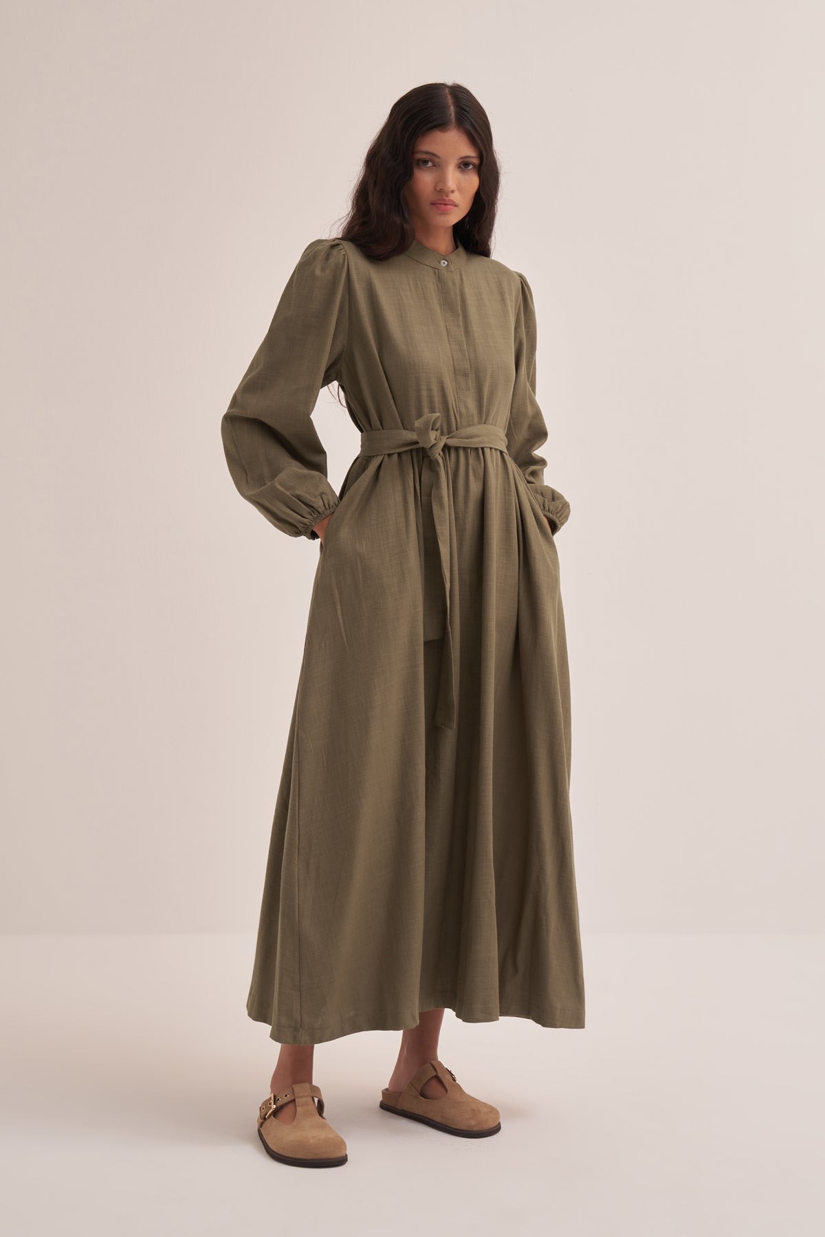 Kadın Organik Pamuk Büzgülü Elbise Kahve