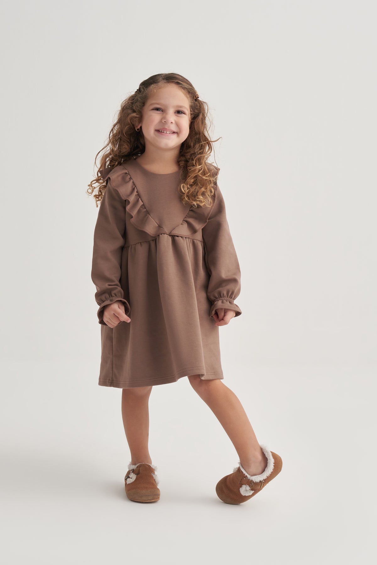 Kız Çocuk İnterlok Fırfırlı Uzun Kol Elbise Kahve