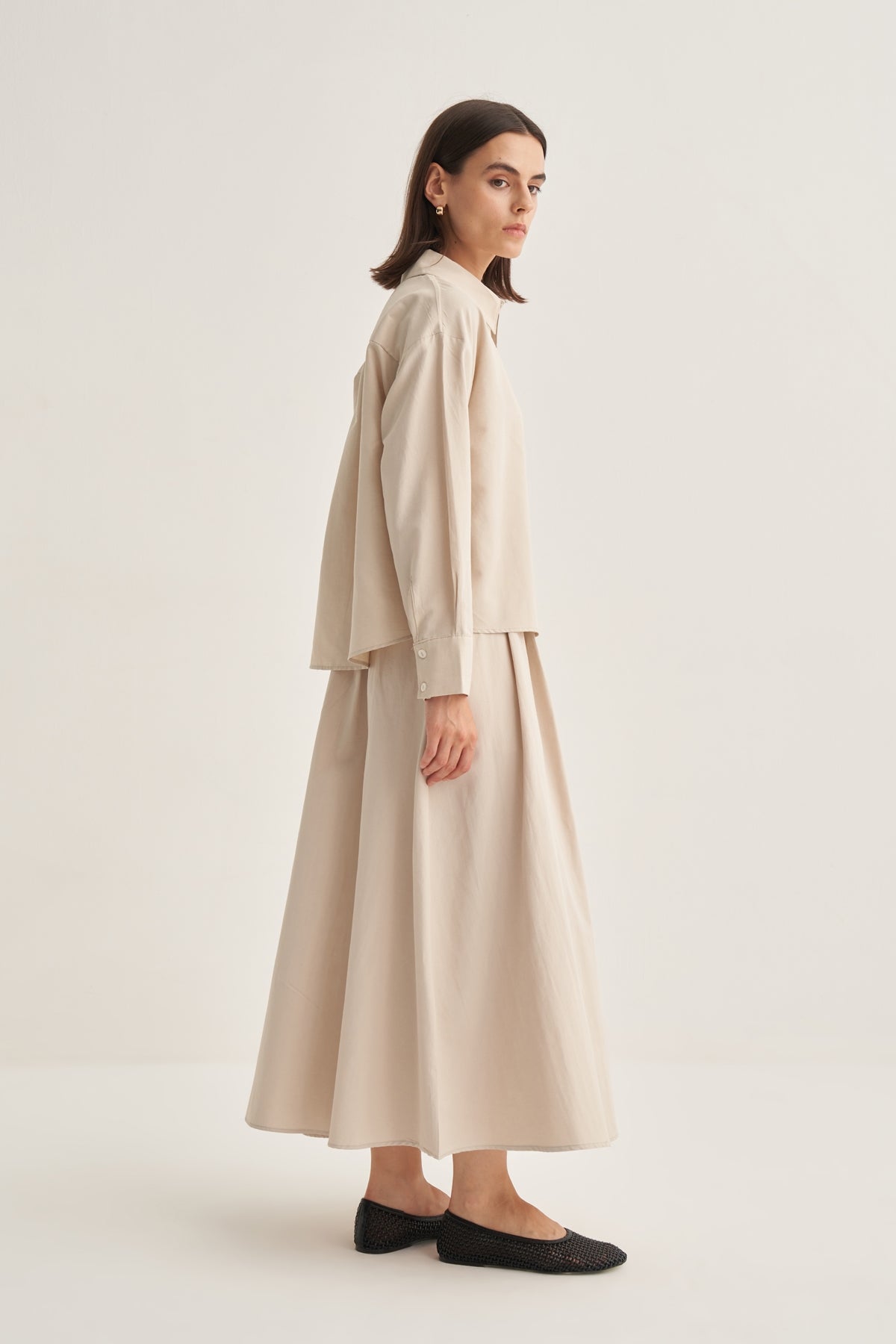 Kadın Poplin Oversize Kısa Gömlek Bej