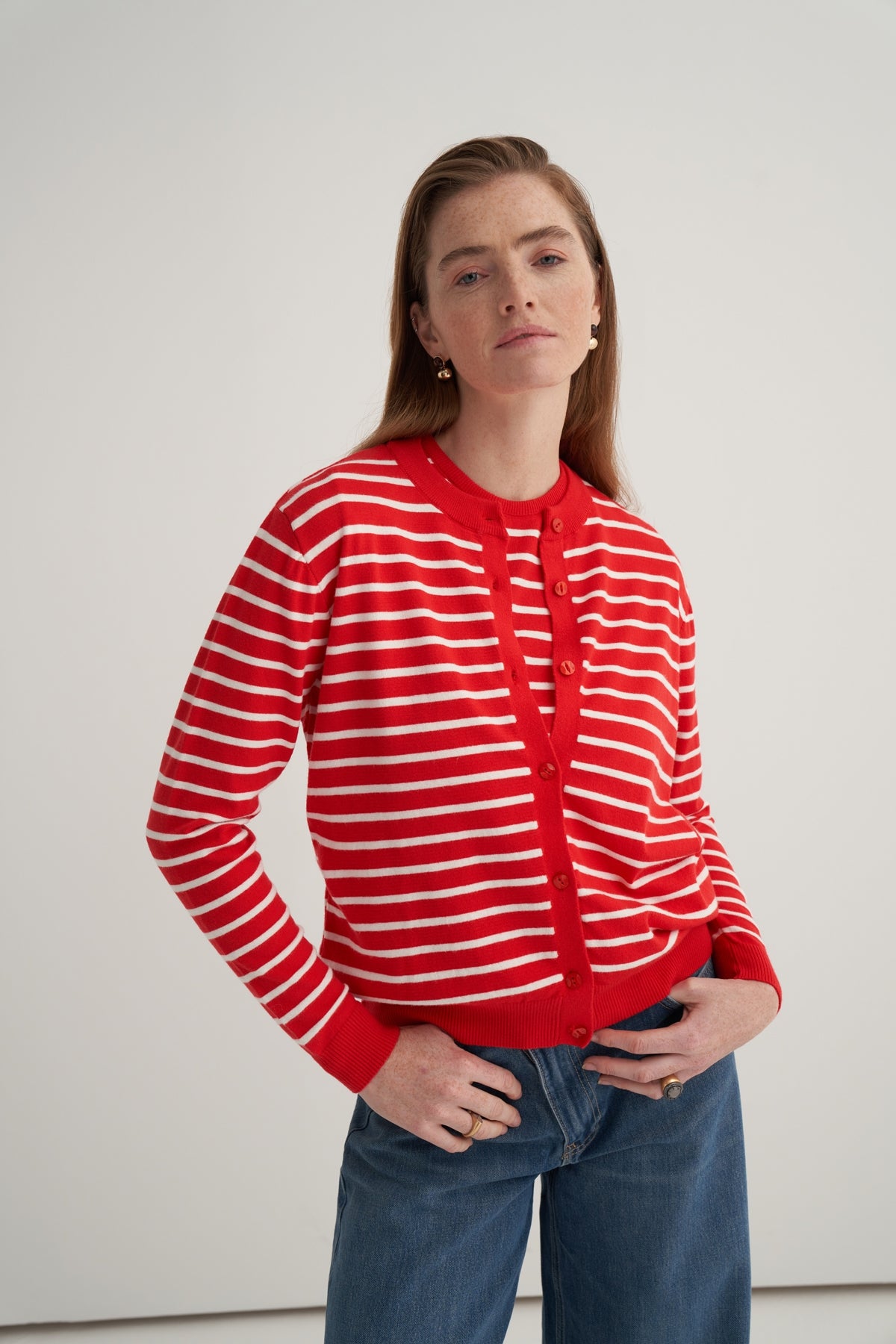 Kadın Viskon Triko Tişörtlü Hırka Takım Ekru Çizgili