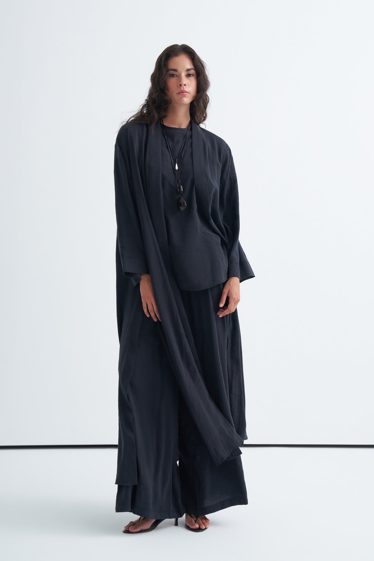 Modal 3'lü Pantolon Bluzlu Abaya Takım Siyah
