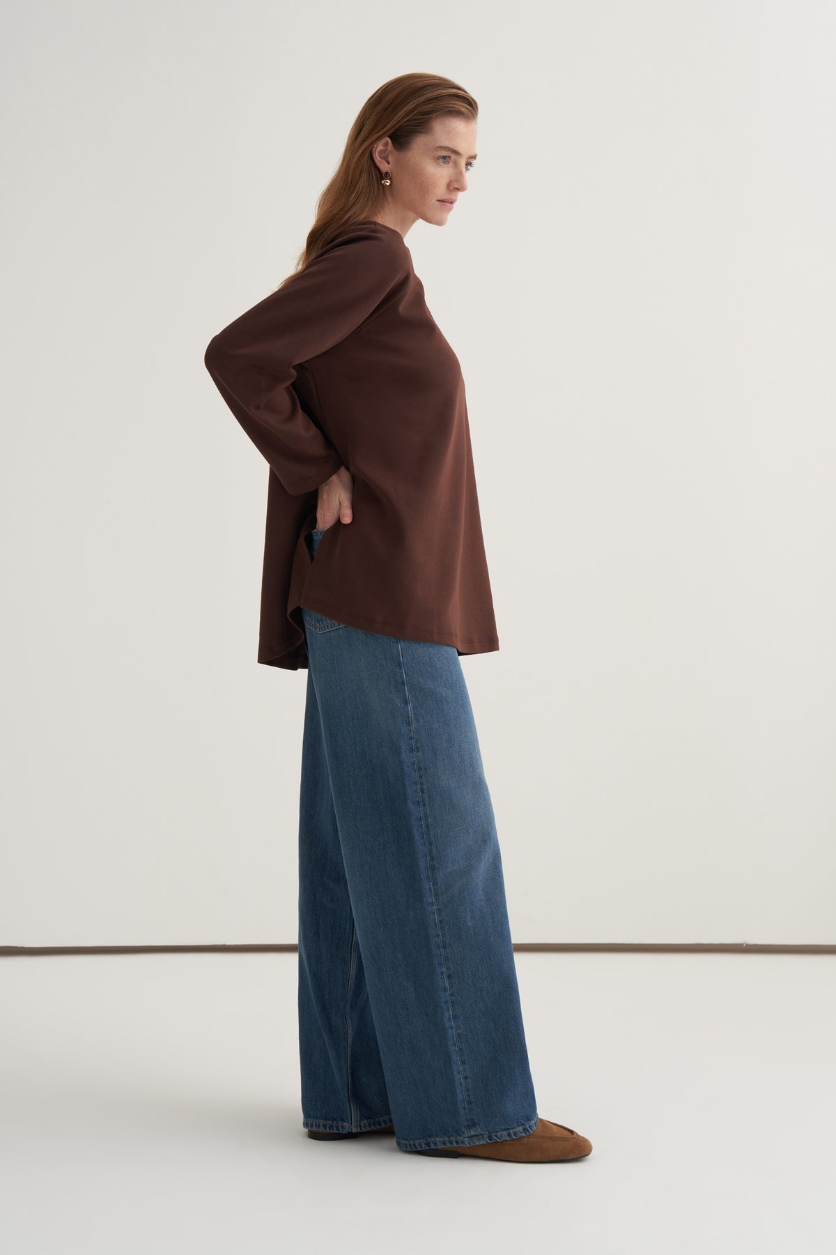 Kadın İnterlok Uzun Kollu Sweat Kahve