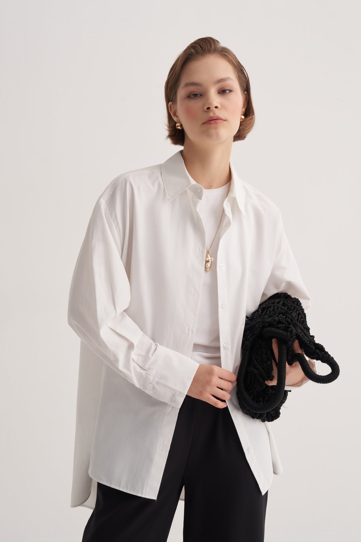 Kadın Poplin Oversize Robalı Gömlek Ekru