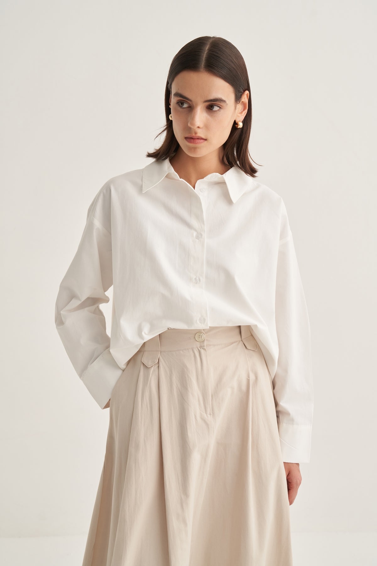 Kadın Poplin Oversize Kısa Gömlek Ekru