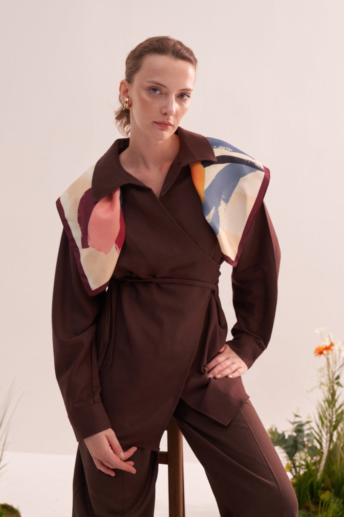 Kadın Dökümlü Pamuklu Yakalı Kimono Acı Kahve