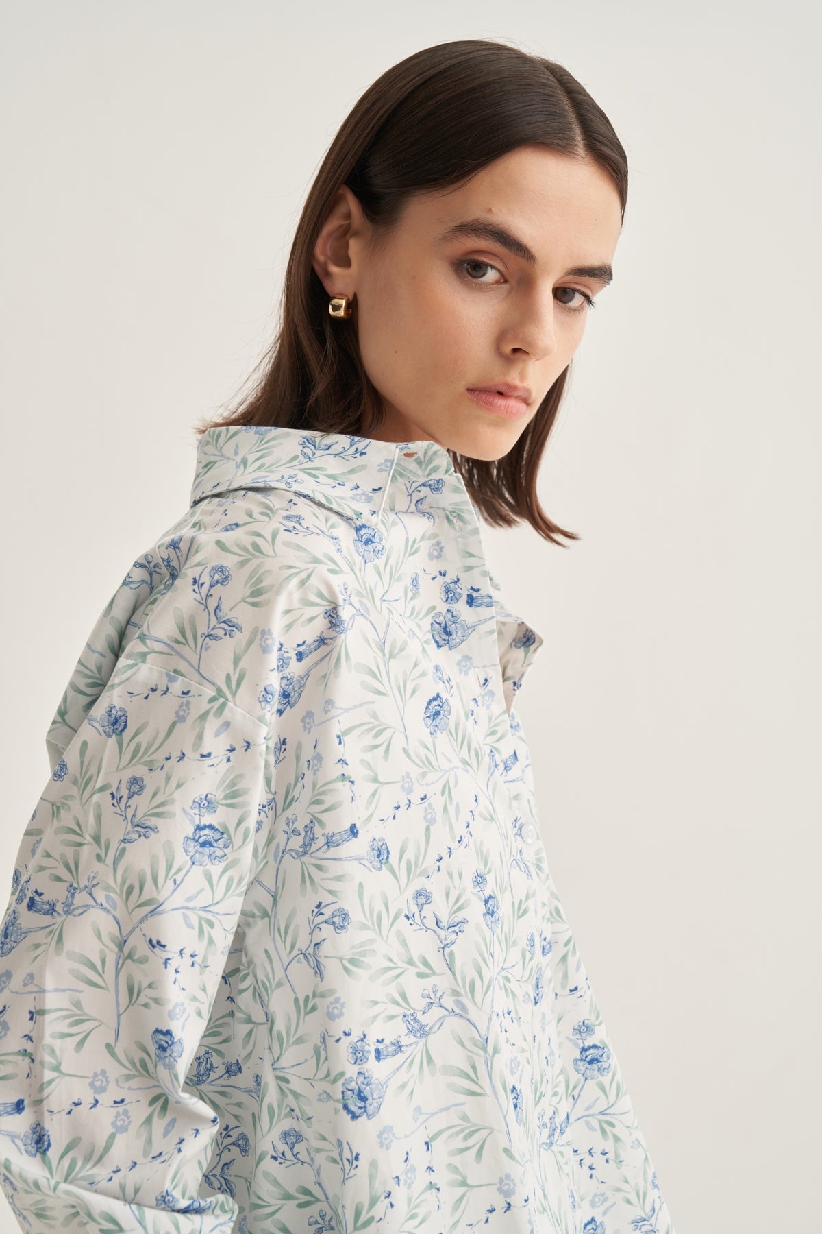 Kadın Poplin Oversize Kısa Gömlek Aster Desen Ekru
