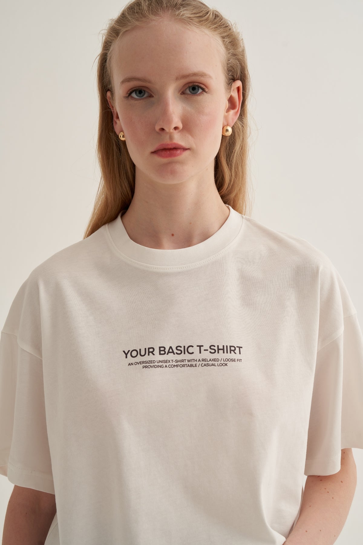 Kadın Oversize Tişört Yazı Baskılı Ekru