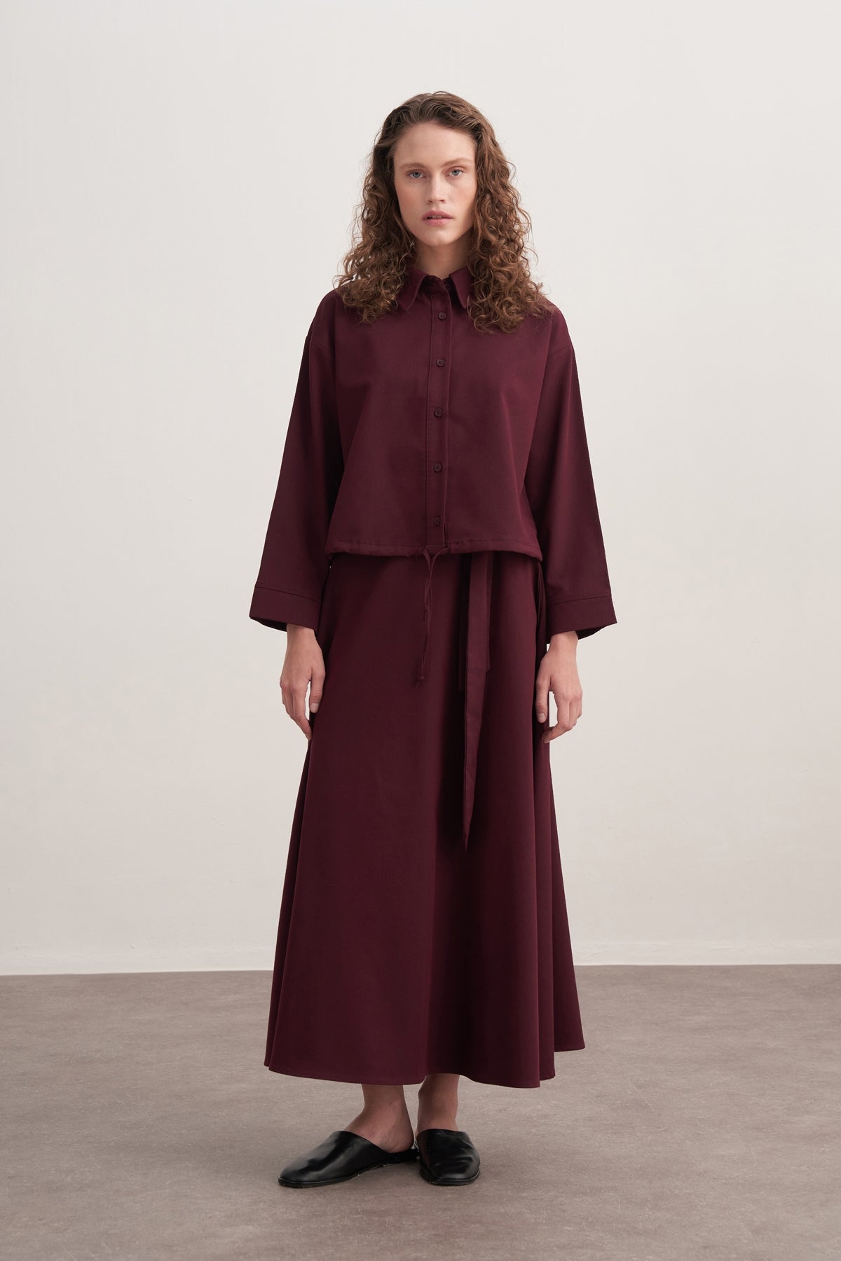 Kadın Gabardin Gömlekli Kloş Etek Takım Mürdüm