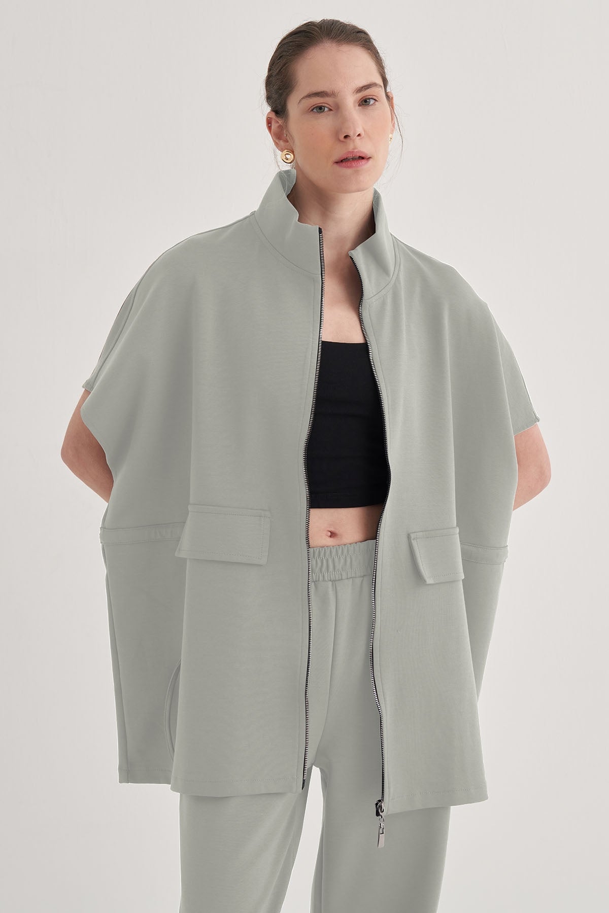 Kadın İnterlok Oversize Yelek Pastel Gri