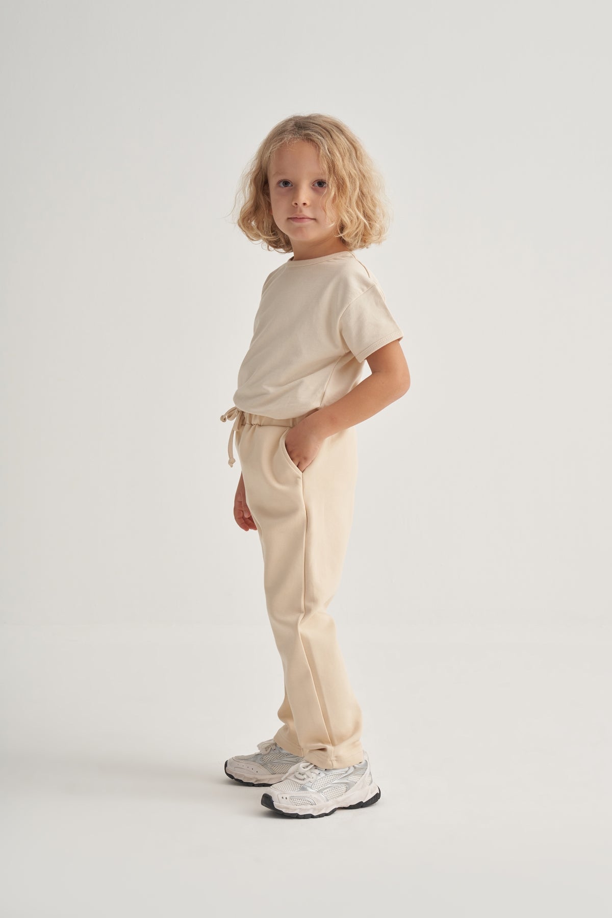 Unisex Çocuk İnterlok Düz Kesim Pantolon Bej