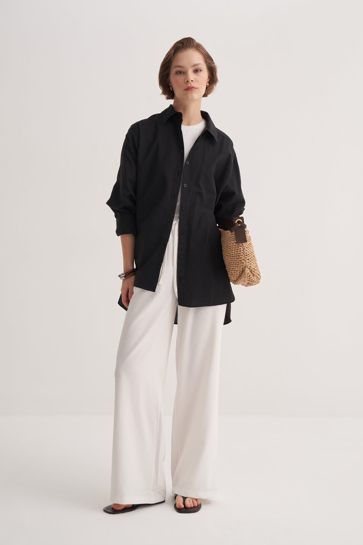 Kadın Poplin Oversize Robalı Gömlek Siyah